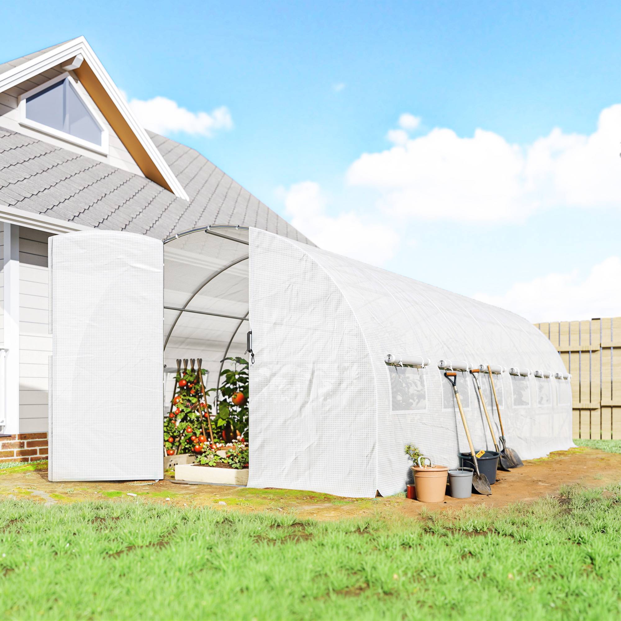 ComfortXL - Serre tunnel de jardin 18 m² en acier galvanisé et PE blanc 295 x 597 x 200 cm pour potager avec 12 fenêtres