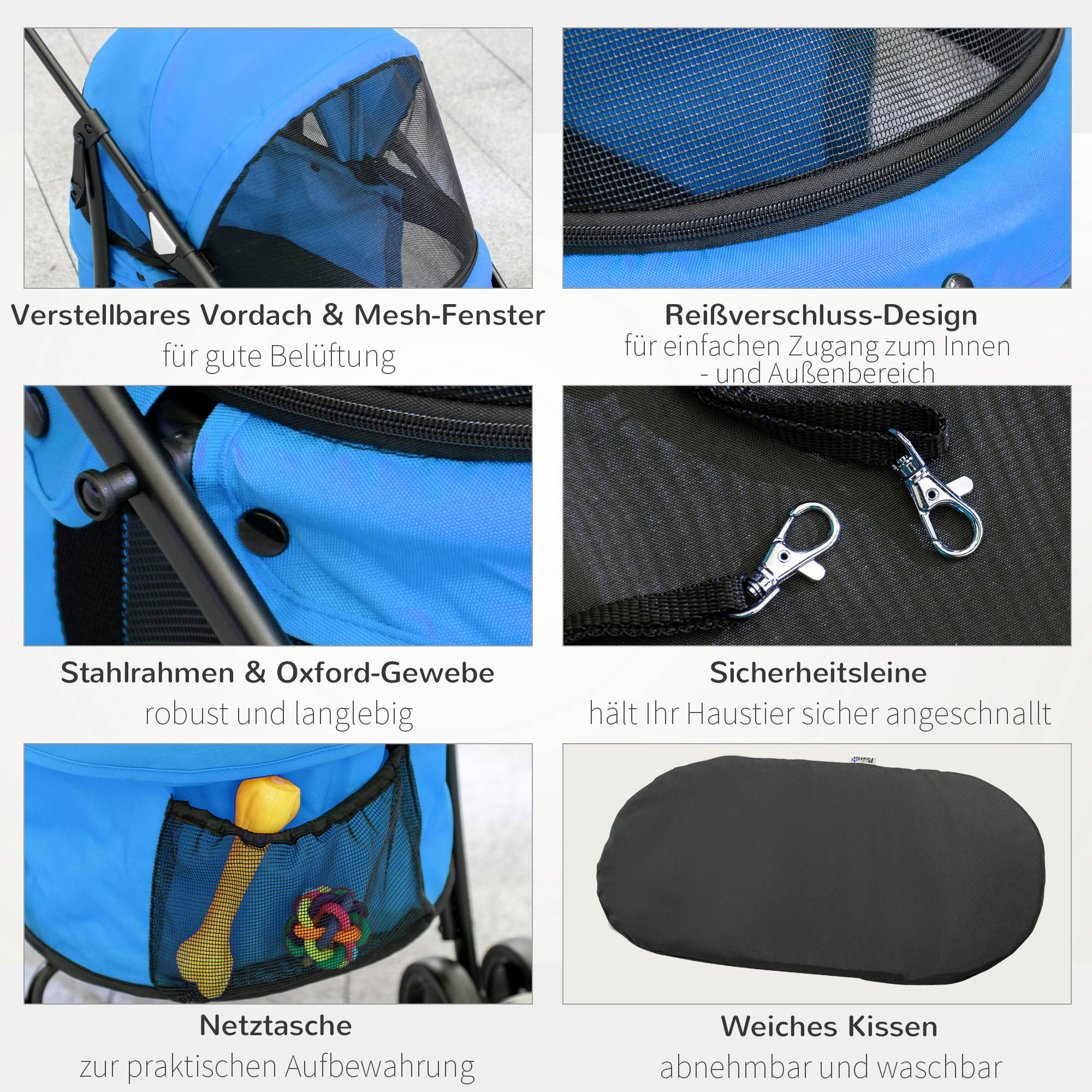 Poussette chien, toit réglable, fenêtre filet, fermeture éclair, acier, 82x47x97 cm, bleu/noir - Image 9