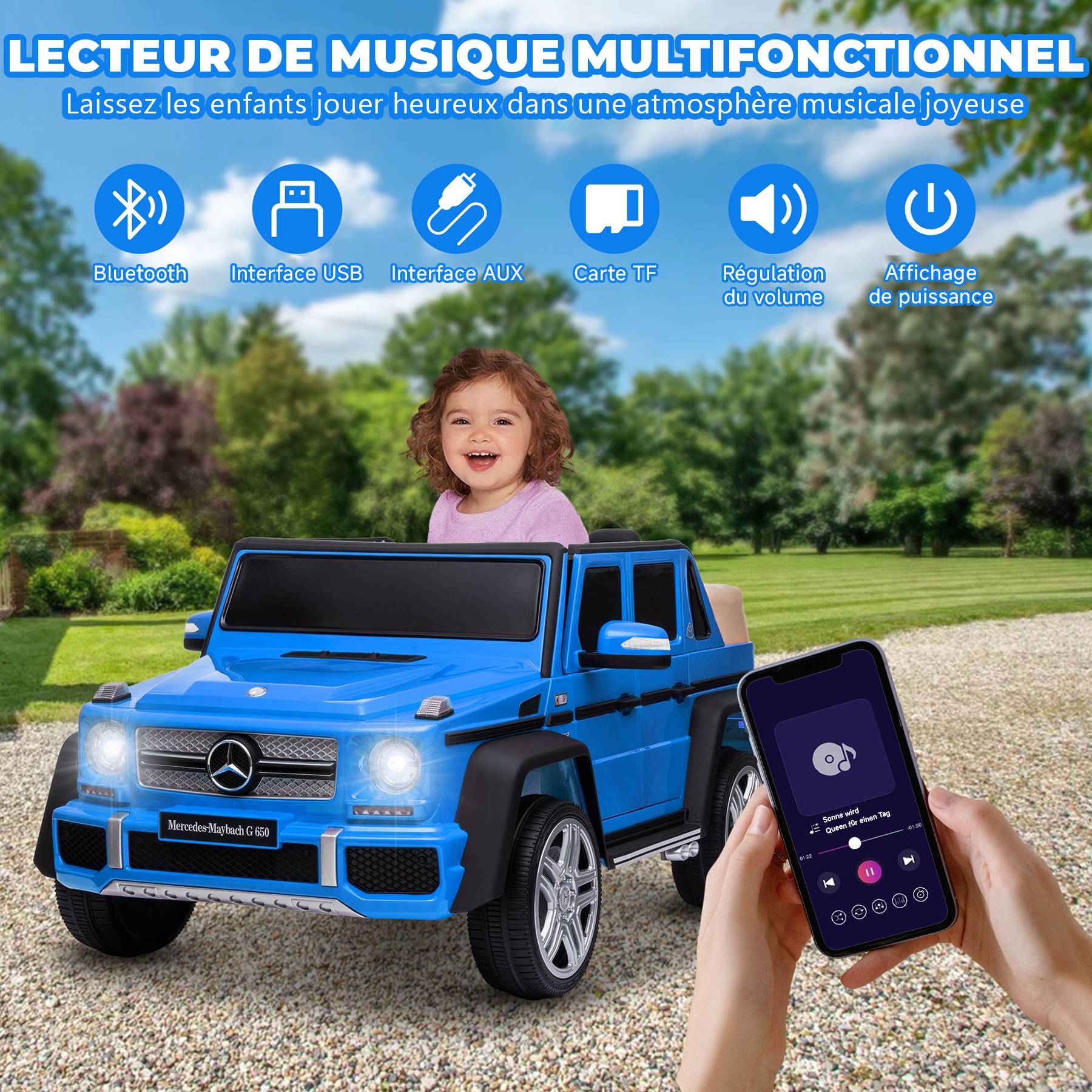 0 - Voiture électrique pour enfants Mercedes-Maybach G650 - ORYXEARTH - bleu - batterie 12V - vitesse 3-5 km/h - Image 4