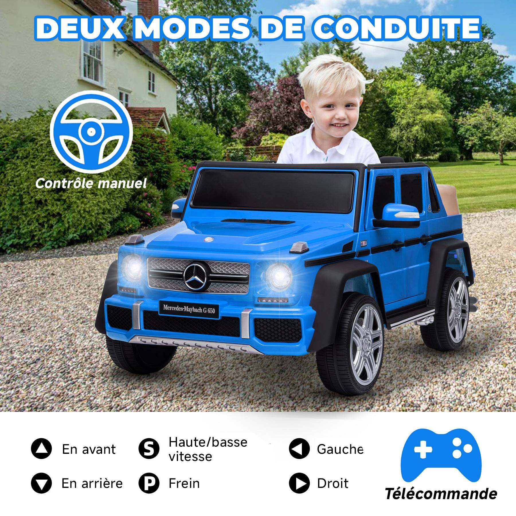 0 - Voiture électrique pour enfants Mercedes-Maybach G650 - ORYXEARTH - bleu - batterie 12V - vitesse 3-5 km/h - Image 3