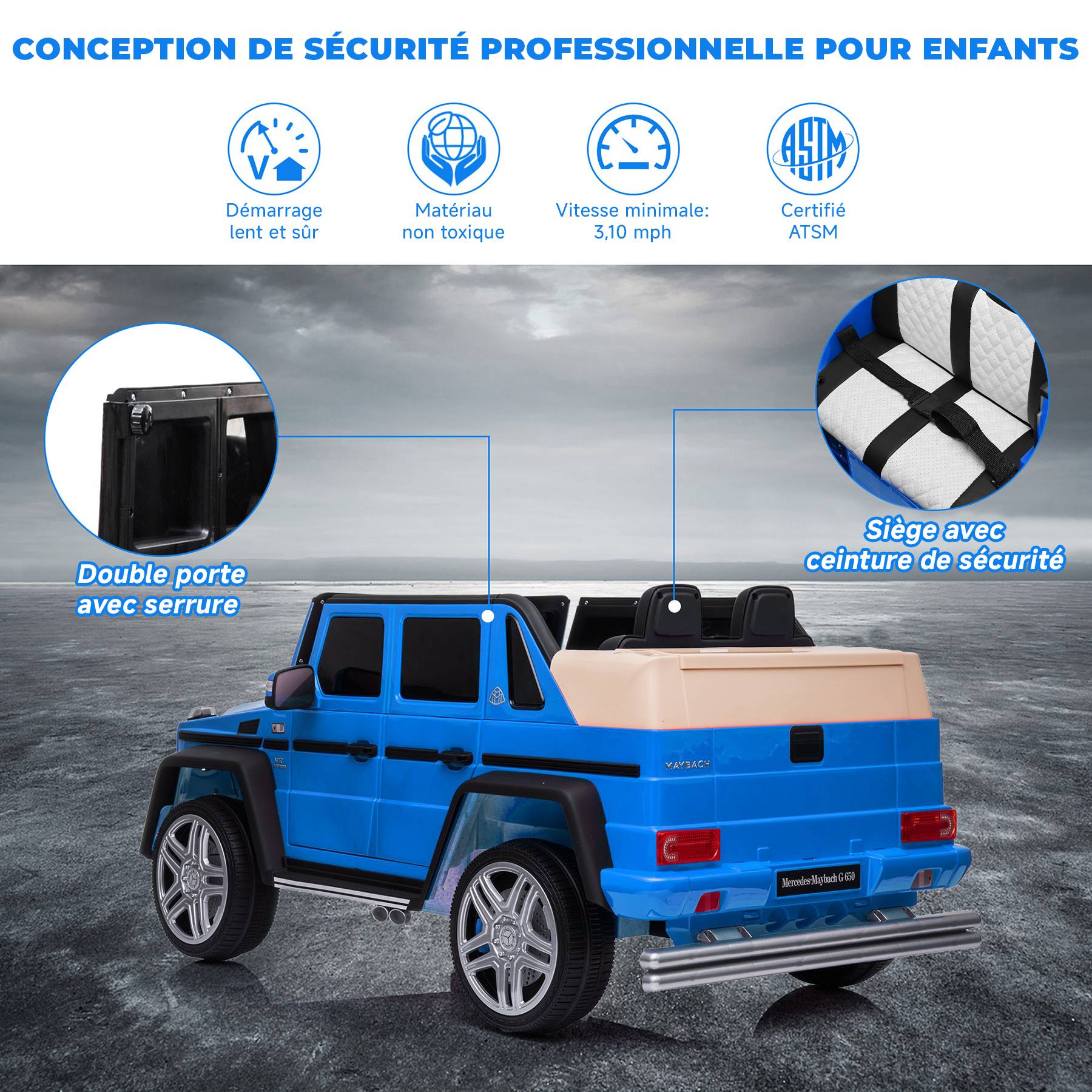 0 - Voiture électrique pour enfants Mercedes-Maybach G650 - ORYXEARTH - bleu - batterie 12V - vitesse 3-5 km/h - Image 6