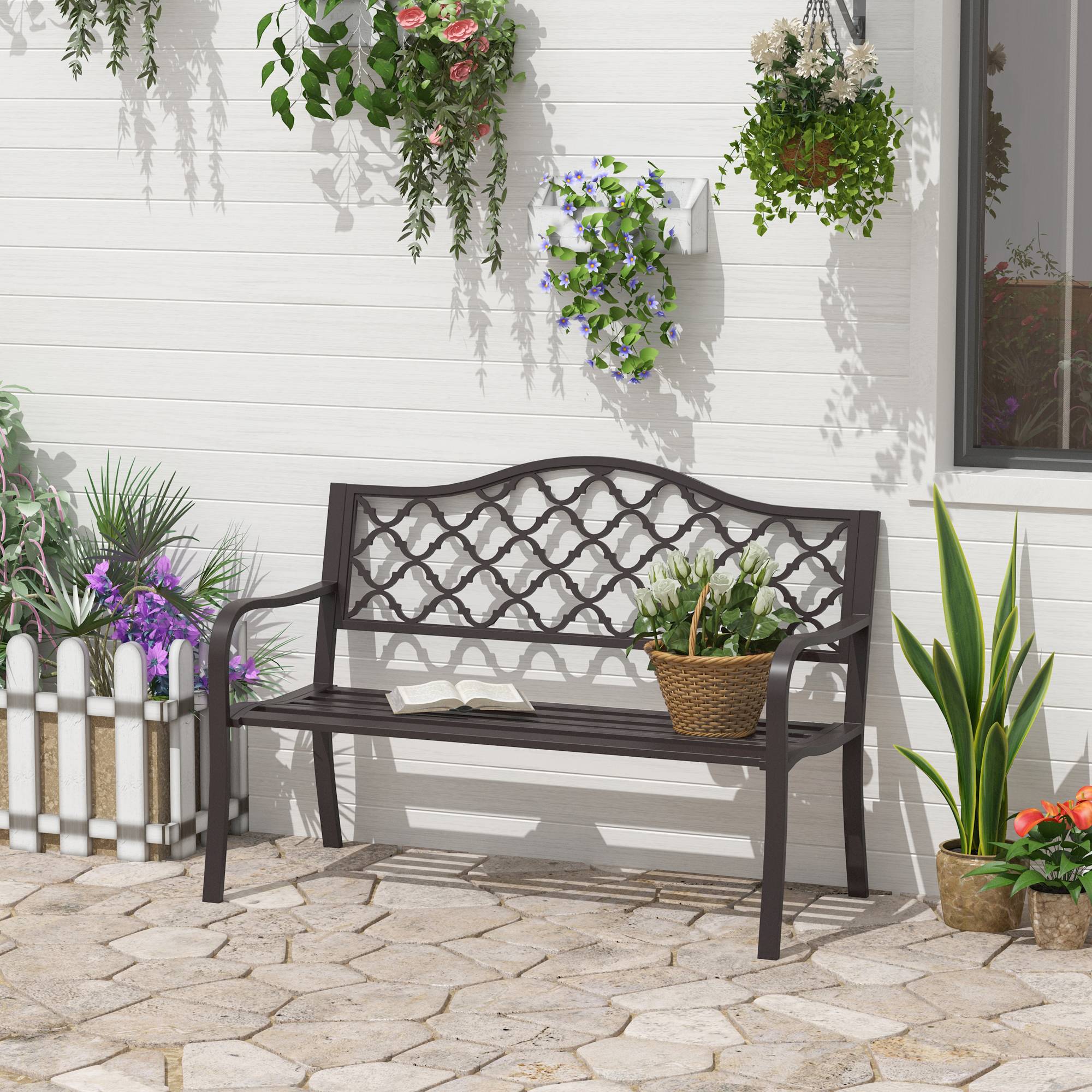 Sans Marque - Banc 3 Places de Jardin terrasse Style Rural Chic 128L x 60l x 89H cm métal époxy anticorrosion Fonte Brun - Image 3