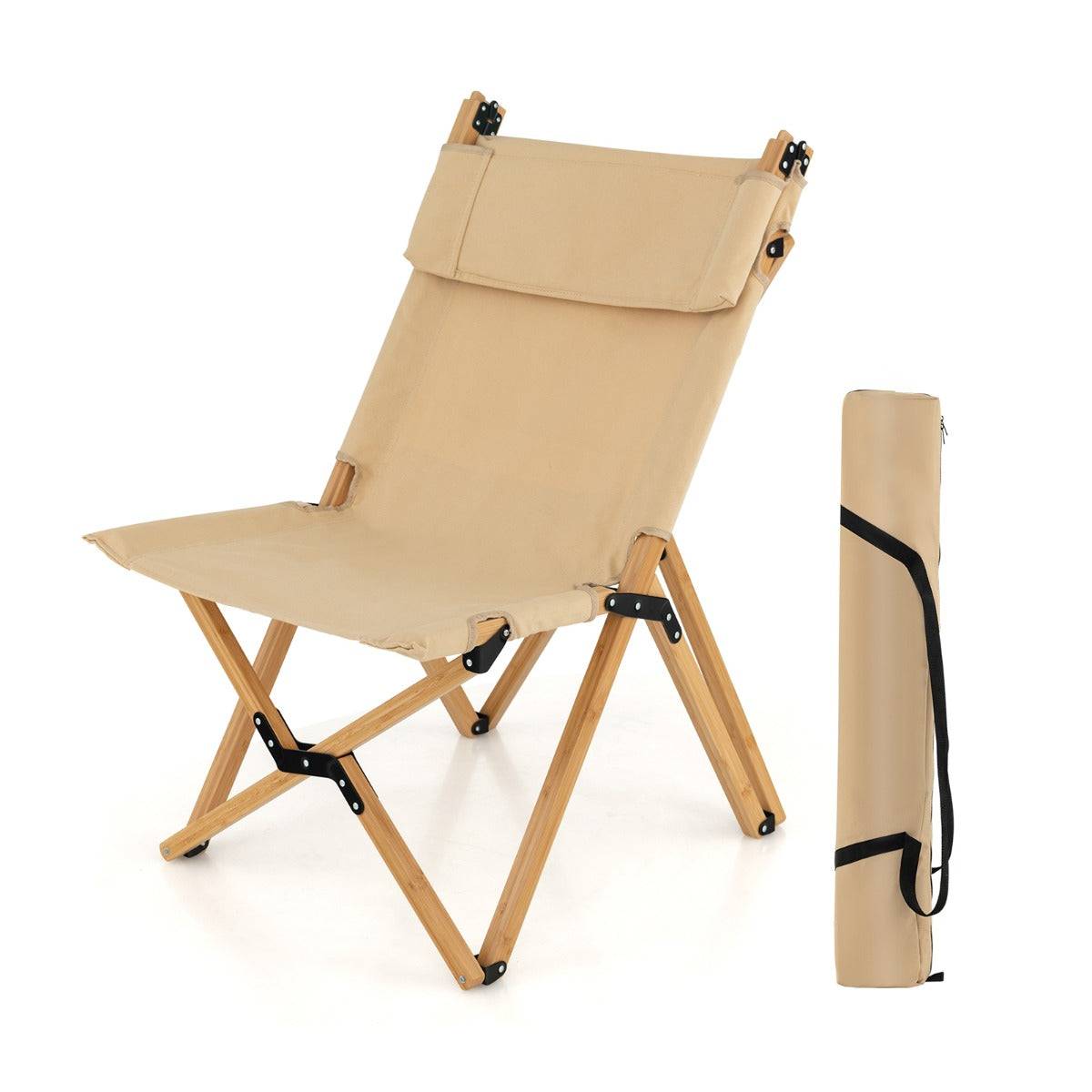Helloshop26 - Chaise de camping pliante en bambou charge 150kg avec dossier ajustable 48/60cm en toile légère sac de transport beige - Image 1