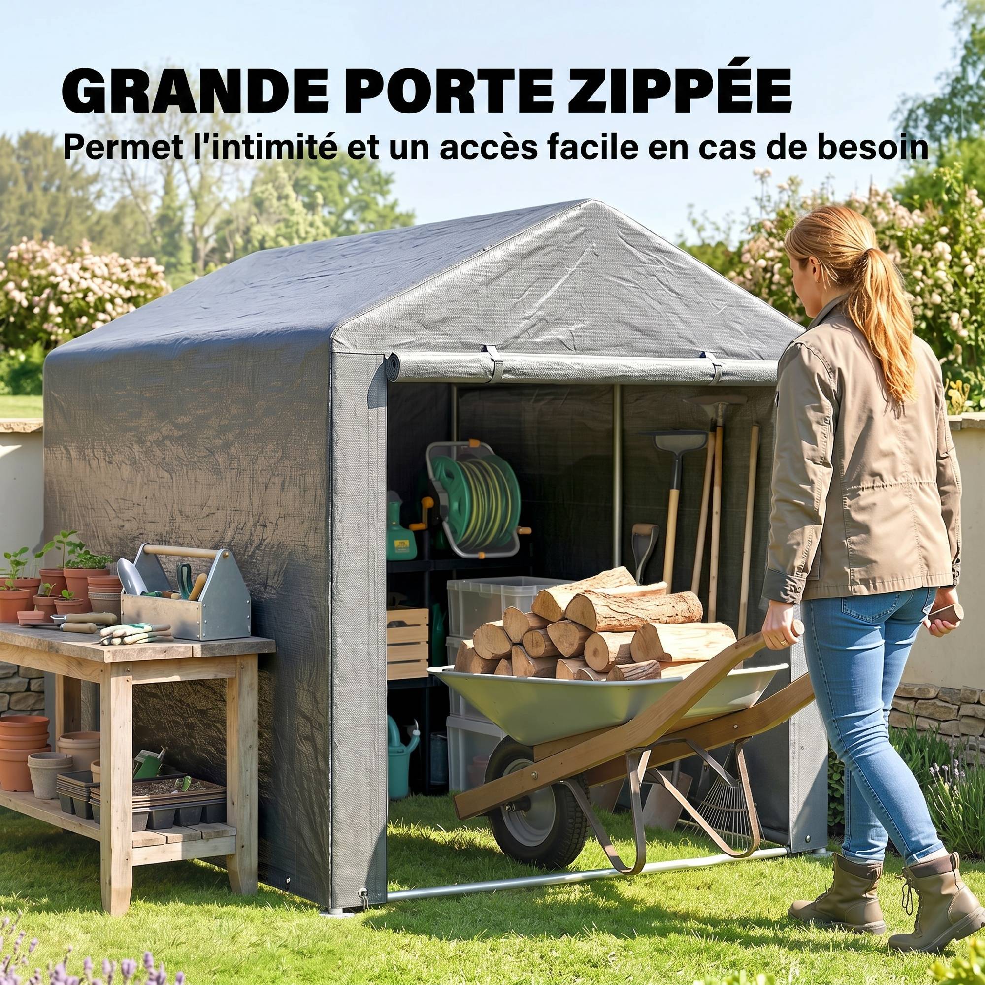 Abri stockage étanche moto, porte enroulable zip, 160x218x172cm, gris clair - Image 8
