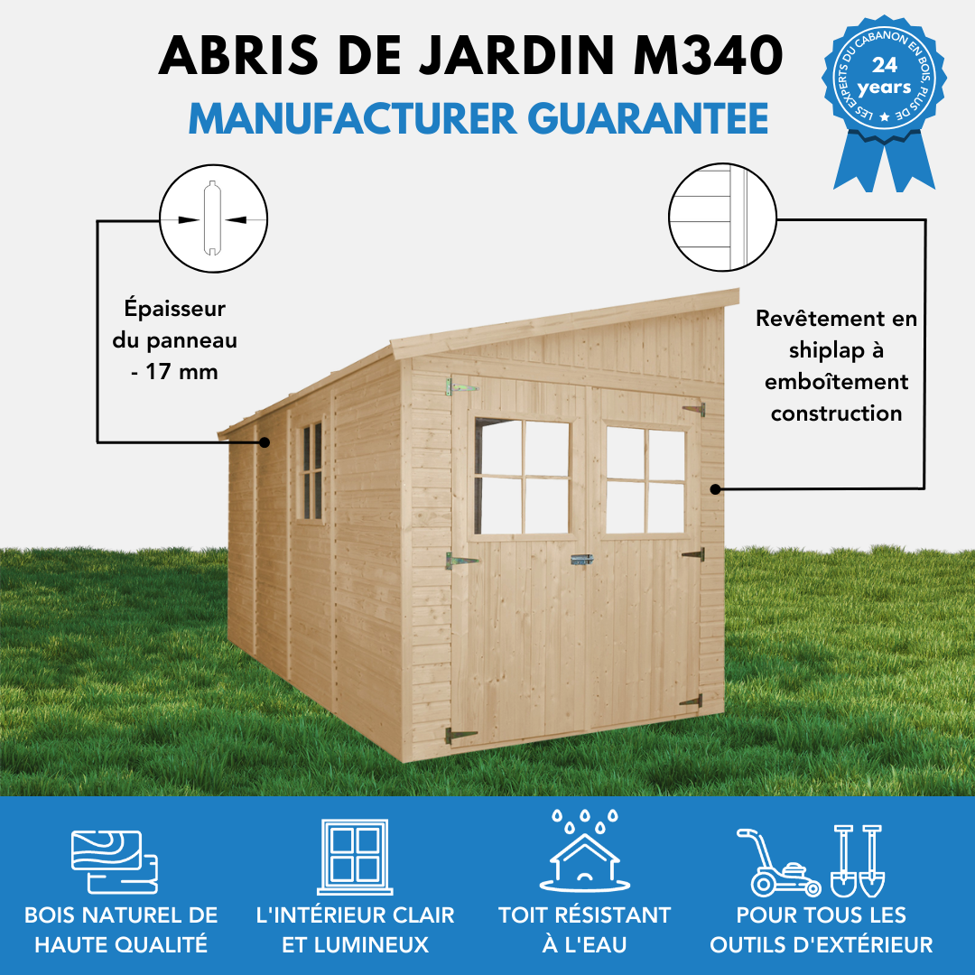 Timbela - Abri de Jardin en Bois Naturel H243x216x416 cm / 8 m² sans paroi latérale avec fenêtres - 17 mm d’épaisseur - Timbela M340 - Image 8