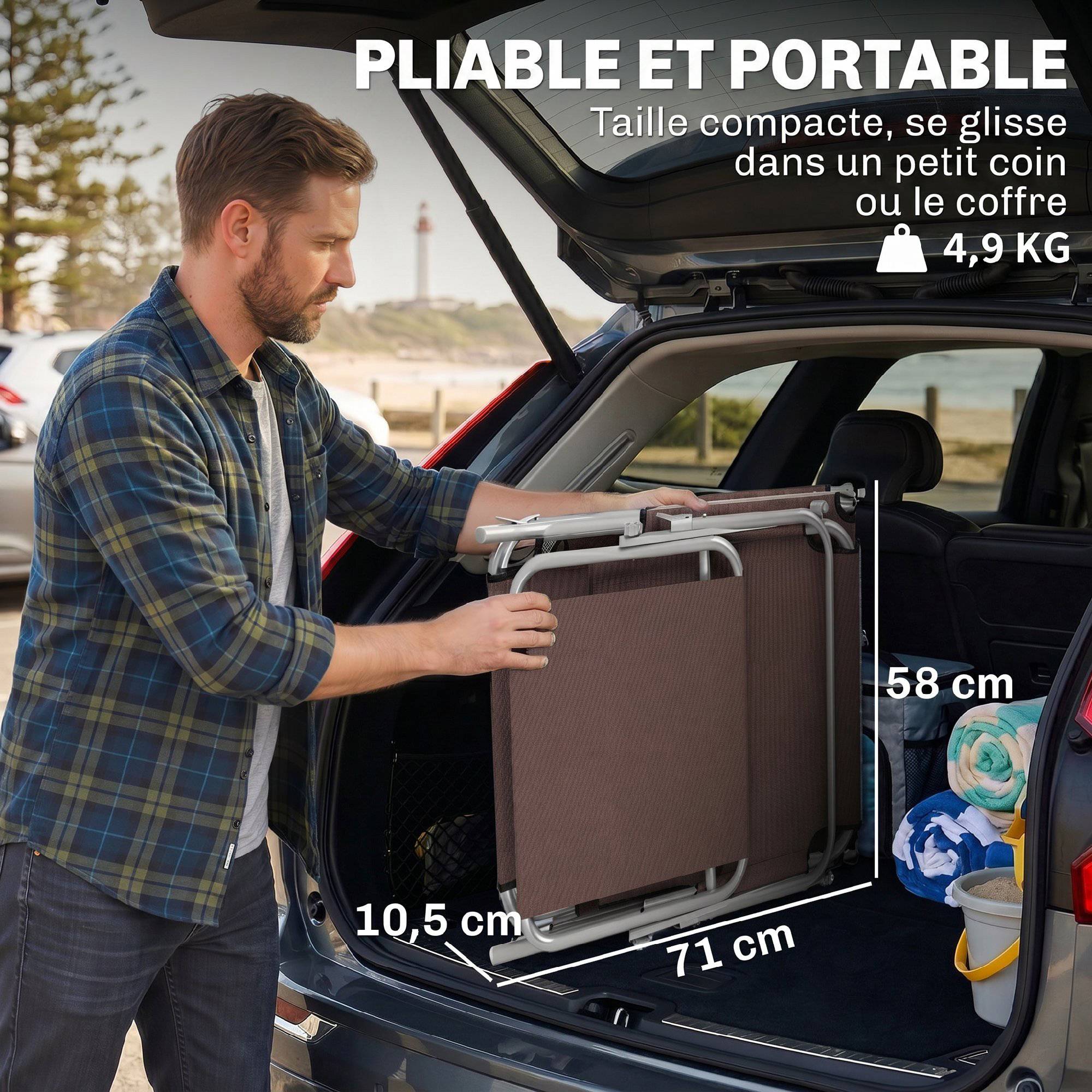 Transat pliable métal pour plage avec pare-soleil réglable 187x58x36cm marron - ComfortXL Outdoor Living - Image 9