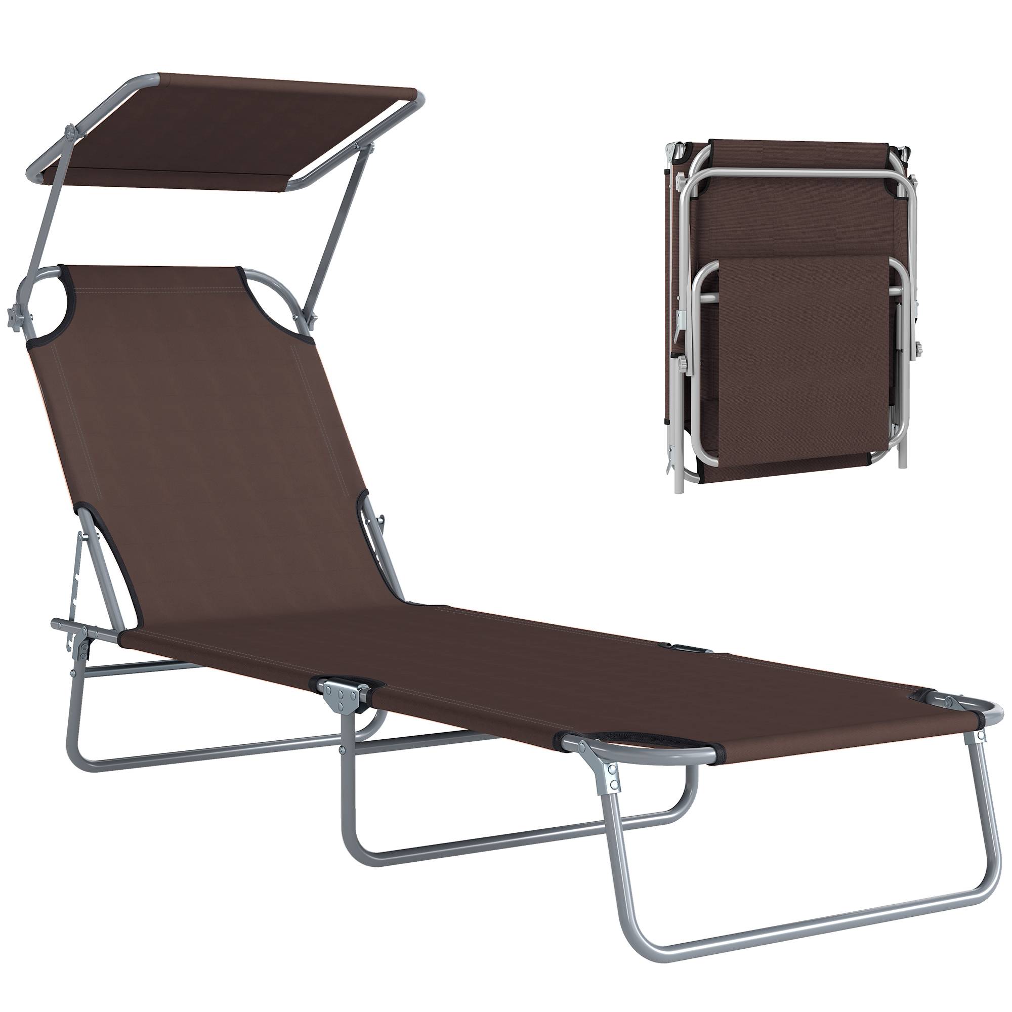 Transat pliable métal pour plage avec pare-soleil réglable 187x58x36cm marron - ComfortXL Outdoor Living - Image 1
