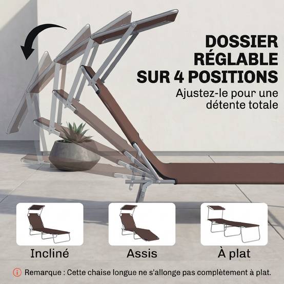 Transat pliable métal pour plage avec pare-soleil réglable 187x58x36cm marron - ComfortXL Outdoor Living - Image 7