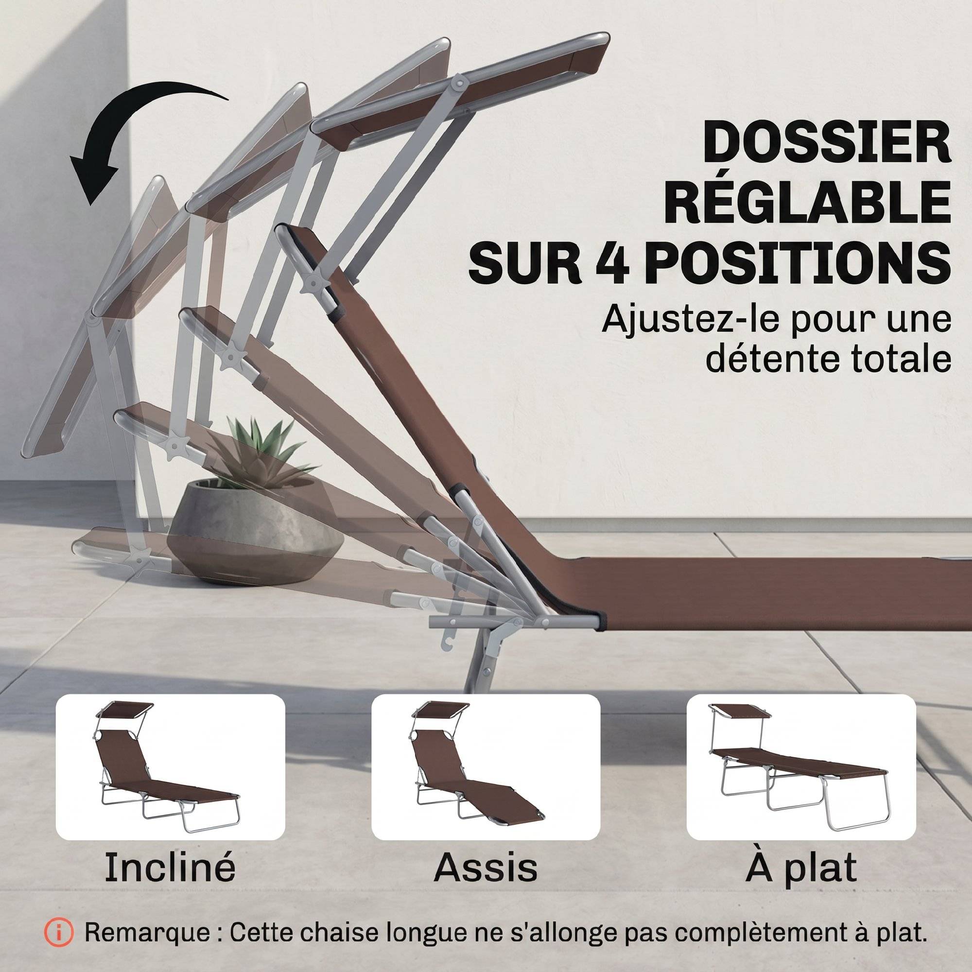 Transat pliable métal pour plage avec pare-soleil réglable 187x58x36cm marron - ComfortXL Outdoor Living - Image 7