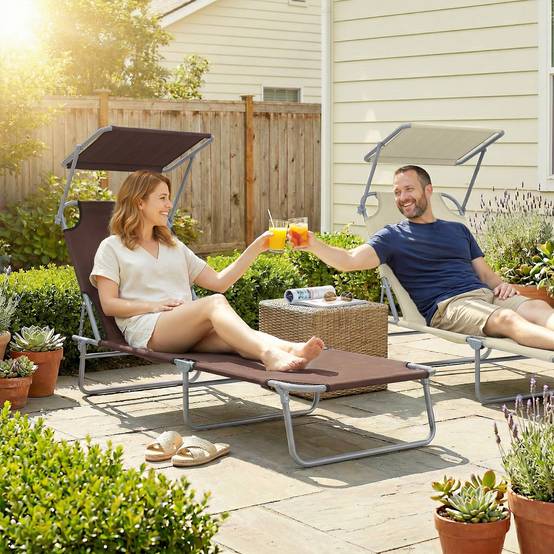 Transat pliable métal pour plage avec pare-soleil réglable 187x58x36cm marron - ComfortXL Outdoor Living - Image 4