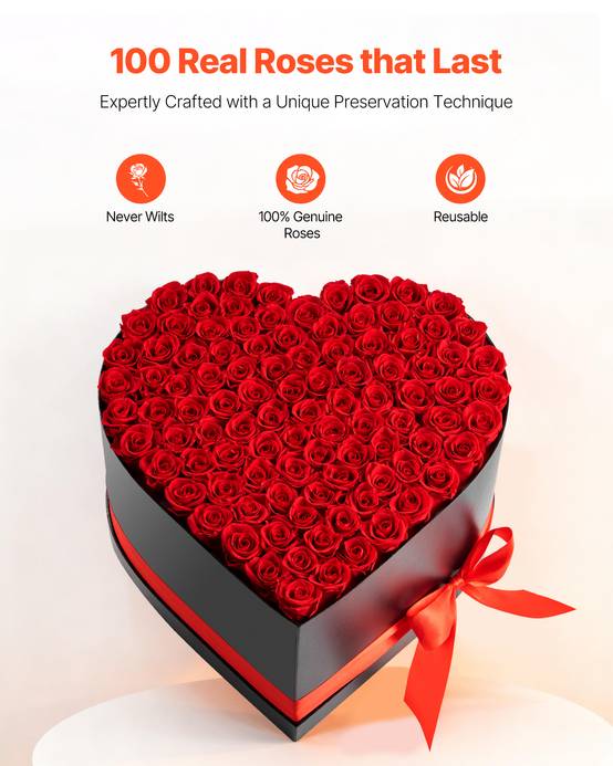 VEVOR Rose Éternelle Fleurs Éternelles Préservées Lot de 100 Boîte Cœur Rouge - Image 2