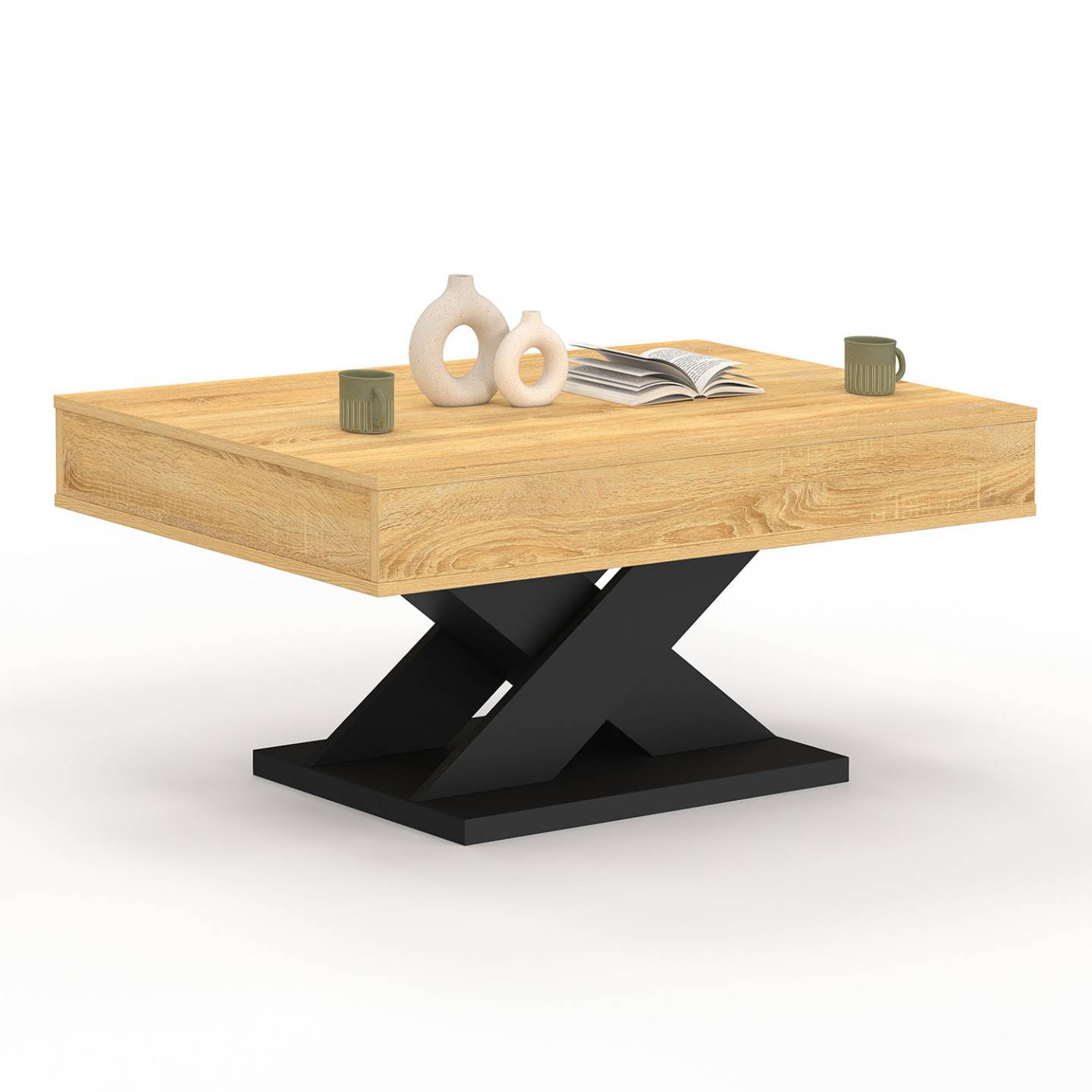 Table basse rectangulaire plateau relevable ALICIA bois et pied noir - Image 4