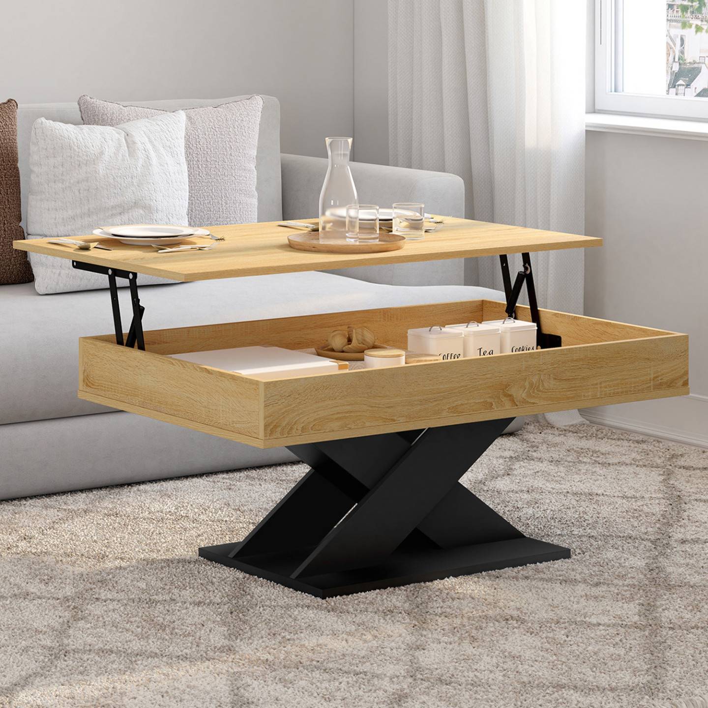 Table basse rectangulaire plateau relevable ALICIA bois et pied noir - Image 1