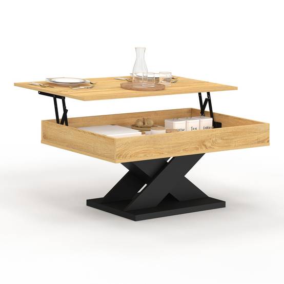 Table basse rectangulaire plateau relevable ALICIA bois et pied noir - Image 2
