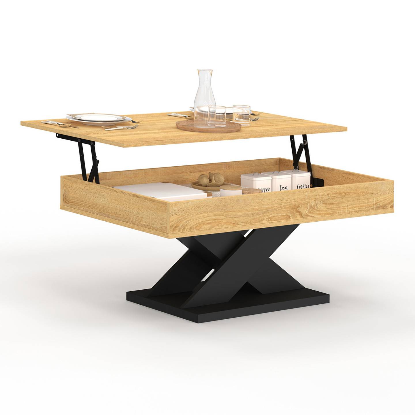 Table basse rectangulaire plateau relevable ALICIA bois et pied noir - Image 2