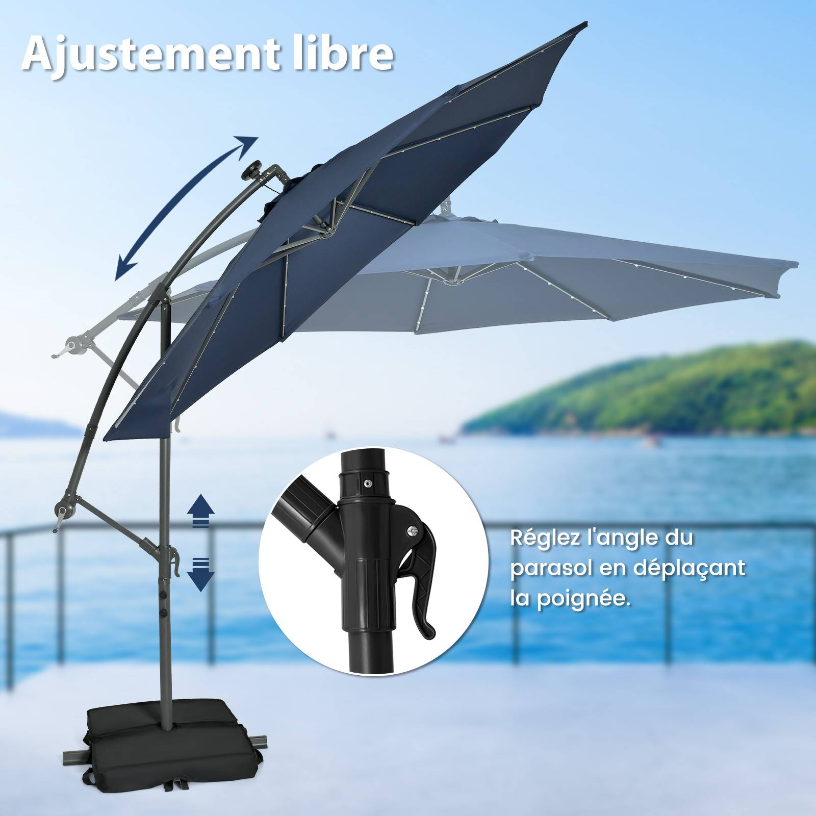 Costway - Parasol Déporté Inclinable 3x3M, Parasol de Jardin Extérieur Lumineux Solaire avec 2 Sacs de Sable, Protection UV, (Bleu, Octogonal) - Image 3