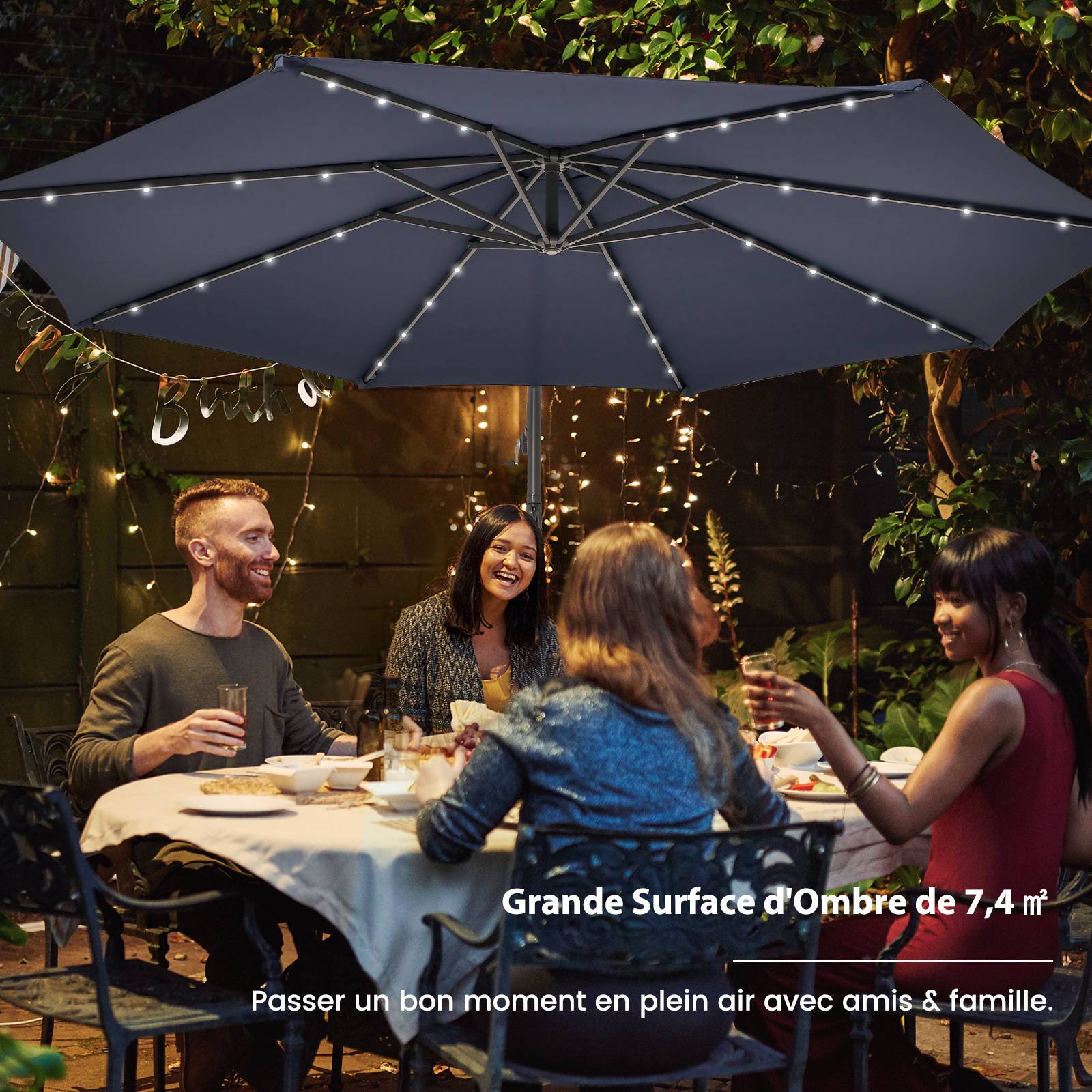 Costway - Parasol Déporté Inclinable 3x3M, Parasol de Jardin Extérieur Lumineux Solaire avec 2 Sacs de Sable, Protection UV, (Bleu, Octogonal) - Image 4