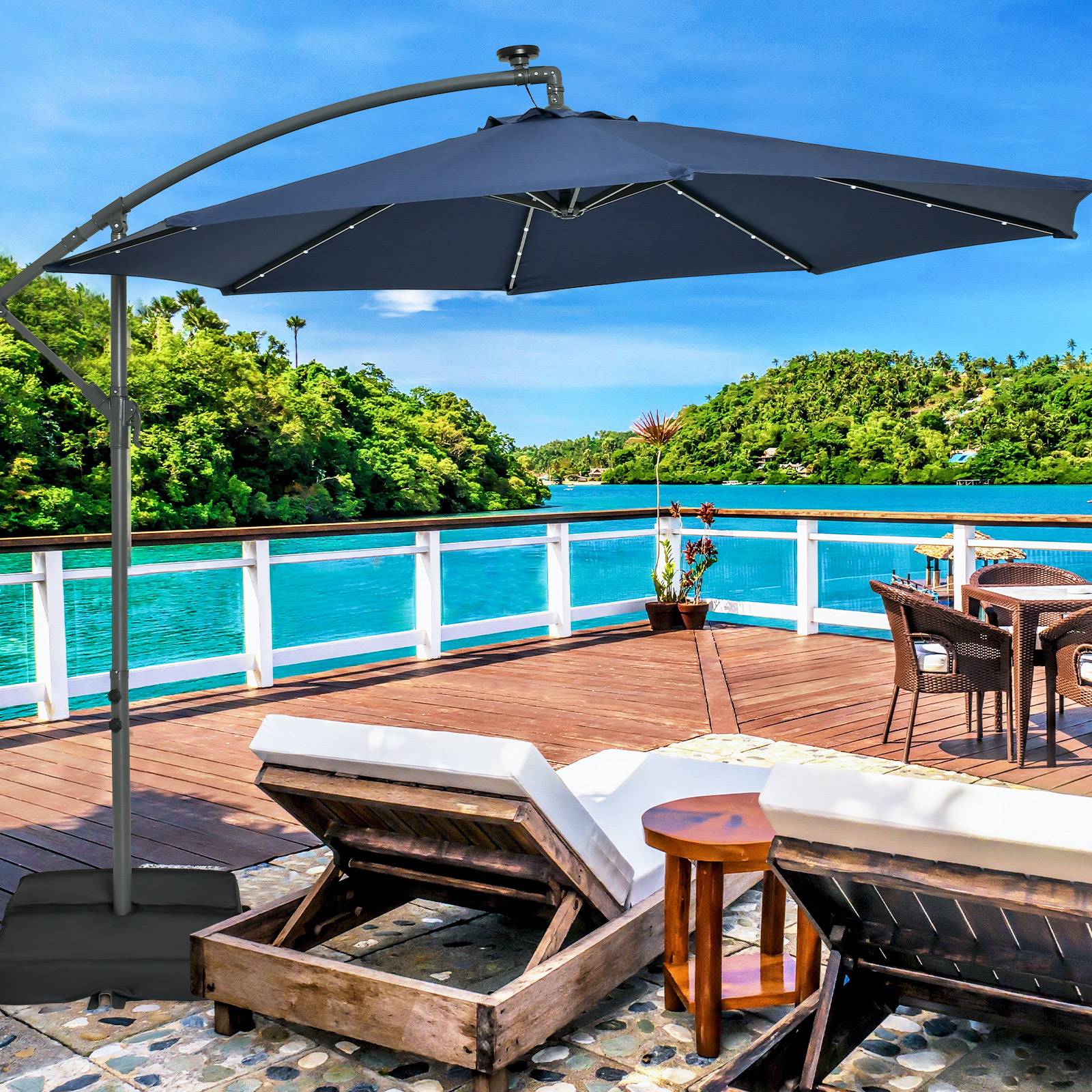 Costway - Parasol Déporté Inclinable 3x3M, Parasol de Jardin Extérieur Lumineux Solaire avec 2 Sacs de Sable, Protection UV, (Bleu, Octogonal) - Image 6