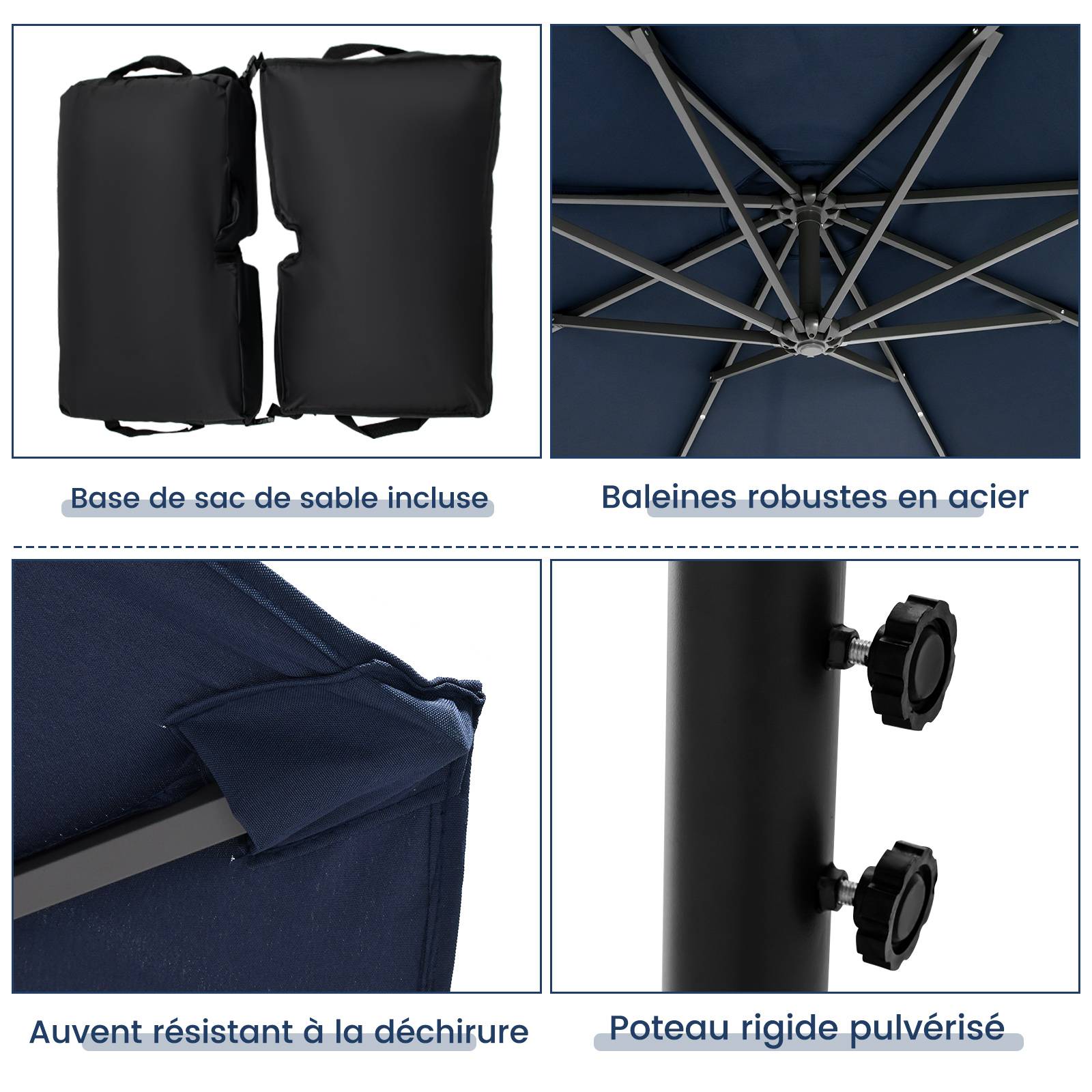Costway - Parasol Déporté Inclinable 3x3M, Parasol de Jardin Extérieur Lumineux Solaire avec 2 Sacs de Sable, Protection UV, (Bleu, Octogonal) - Image 5