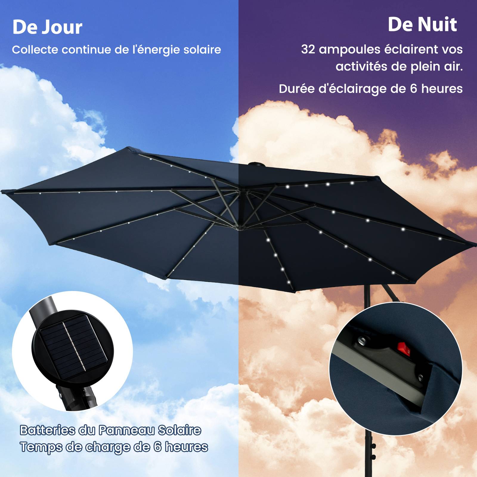 Costway - Parasol Déporté Inclinable 3x3M, Parasol de Jardin Extérieur Lumineux Solaire avec 2 Sacs de Sable, Protection UV, (Bleu, Octogonal) - Image 2