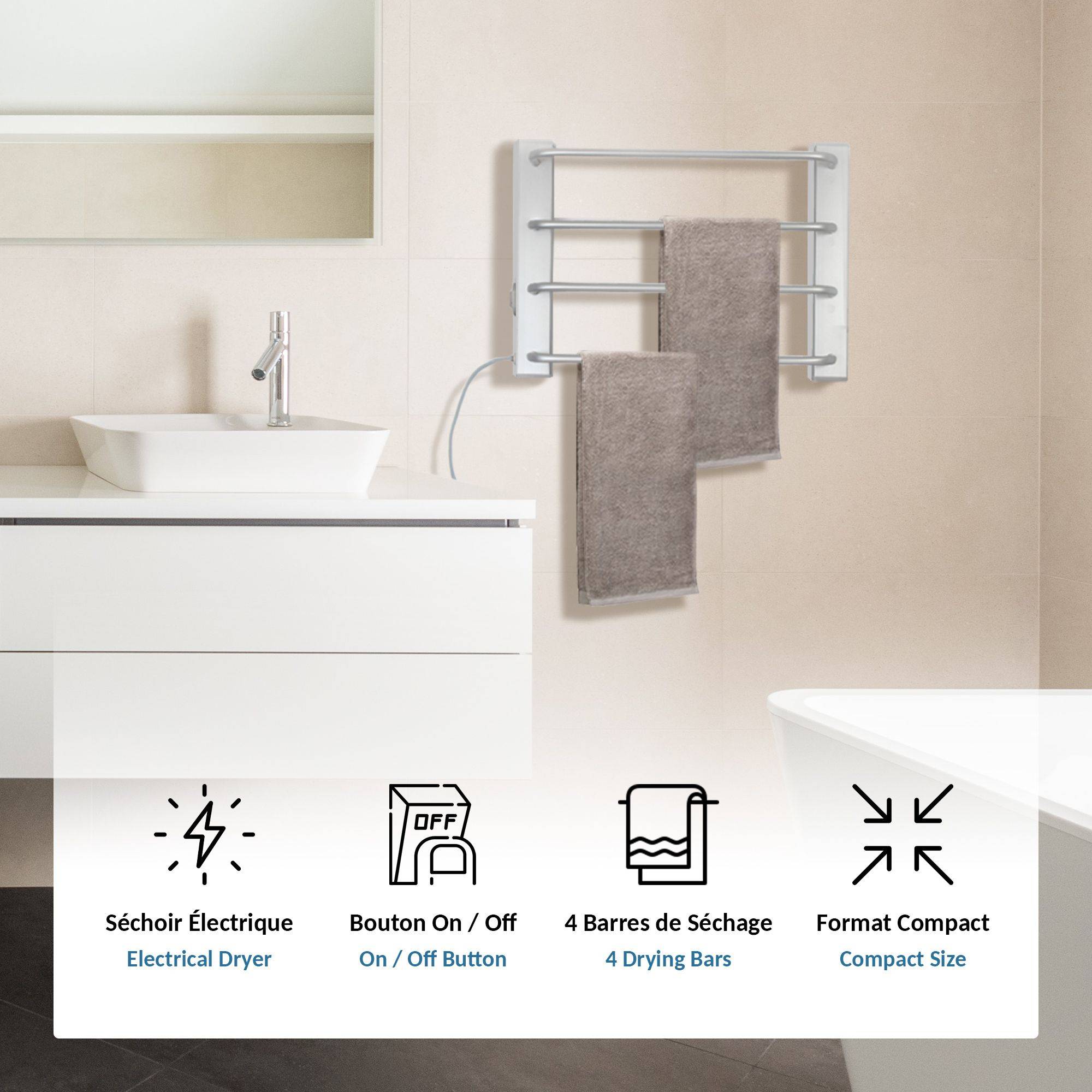 Sèche Serviette Electrique 60W - 4 Barres Chauffantes - Mural - Chauffage d'Appoint Salle de Bain Design Sobre - Image 3