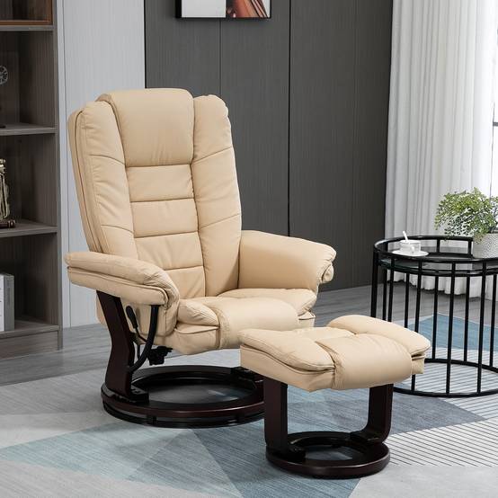 Sans Marque - Fauteuil relax inclinable 135° grand confort pivotant 360° avec repose-pieds revêtement PU beige - Image 3