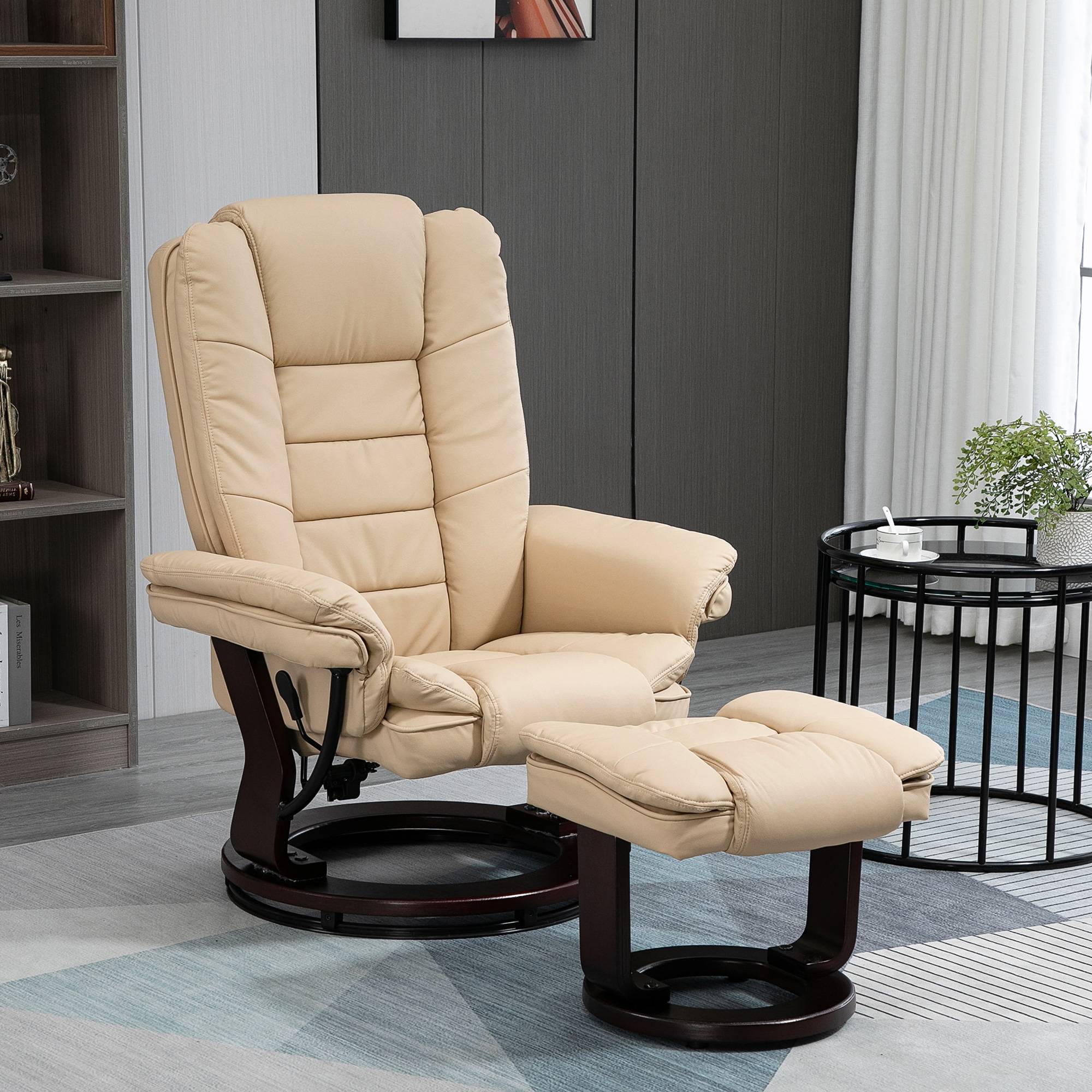 Sans Marque - Fauteuil relax inclinable 135° grand confort pivotant 360° avec repose-pieds revêtement PU beige - Image 3