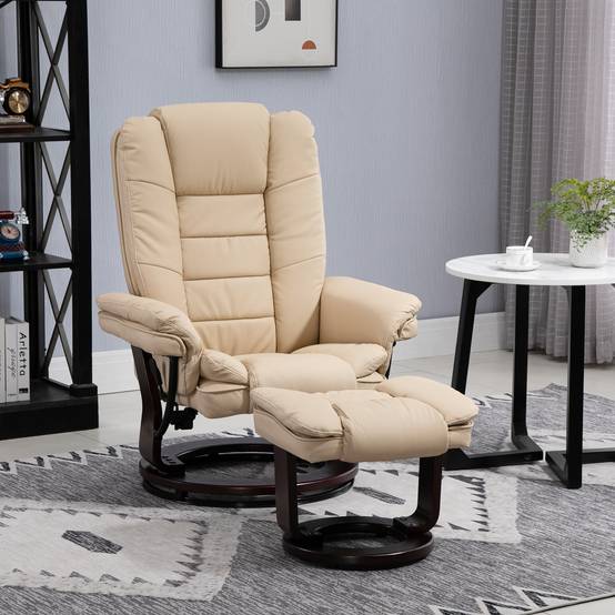 Sans Marque - Fauteuil relax inclinable 135° grand confort pivotant 360° avec repose-pieds revêtement PU beige - Image 4