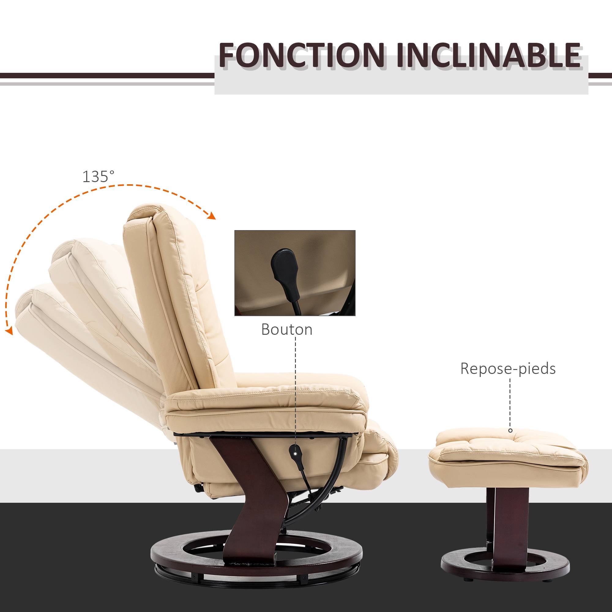 Sans Marque - Fauteuil relax inclinable 135° grand confort pivotant 360° avec repose-pieds revêtement PU beige - Image 6
