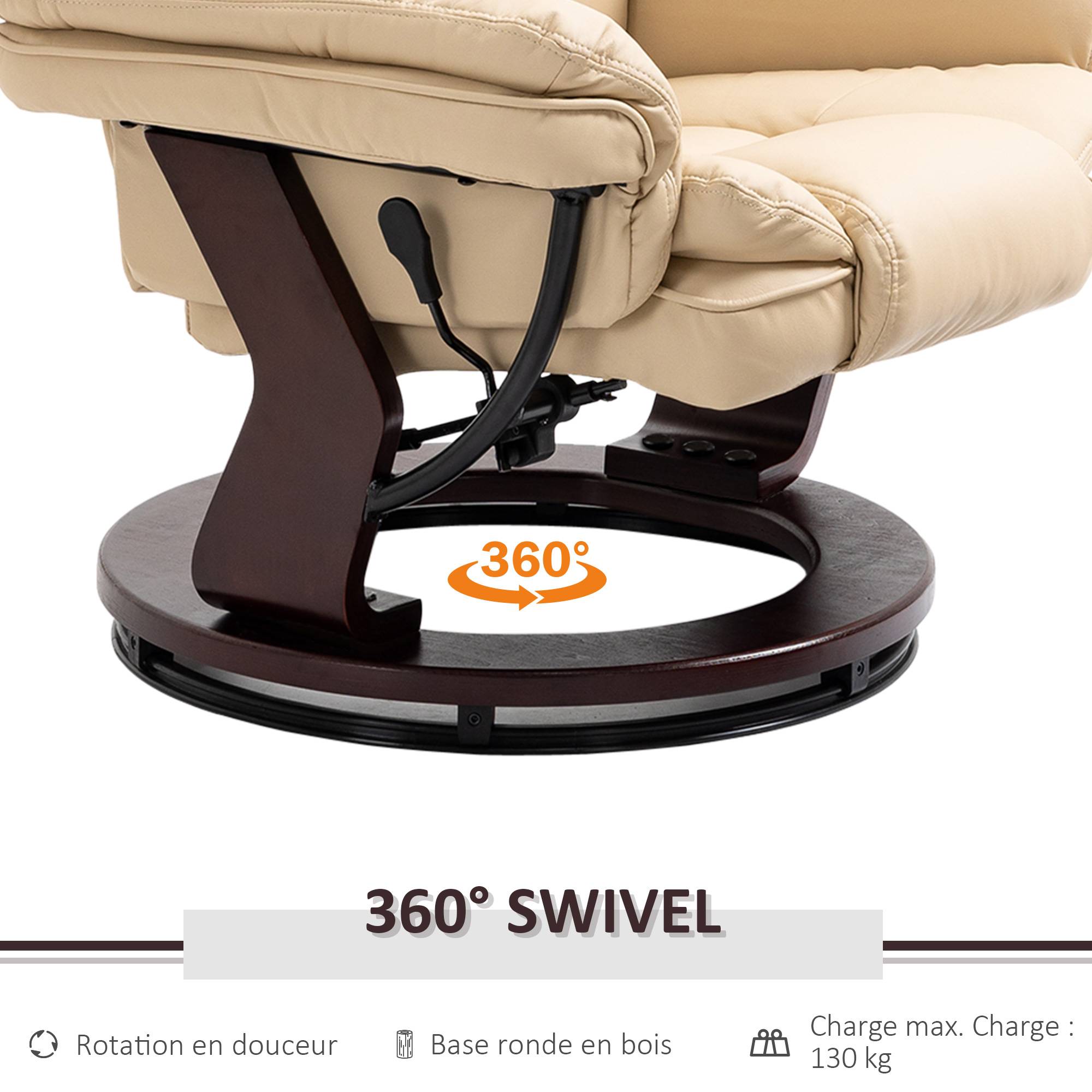 Sans Marque - Fauteuil relax inclinable 135° grand confort pivotant 360° avec repose-pieds revêtement PU beige - Image 7