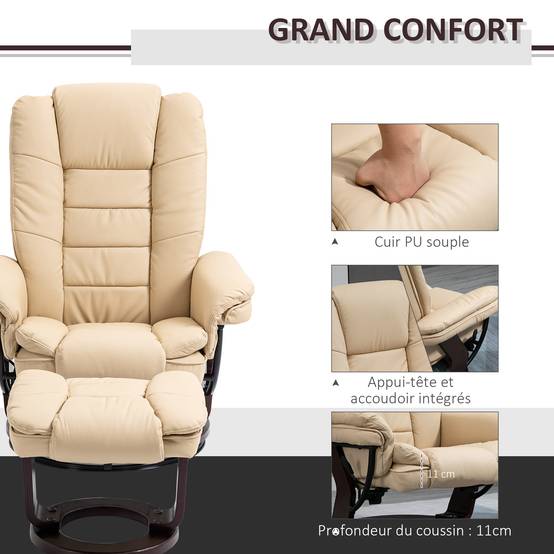 Sans Marque - Fauteuil relax inclinable 135° grand confort pivotant 360° avec repose-pieds revêtement PU beige - Image 8
