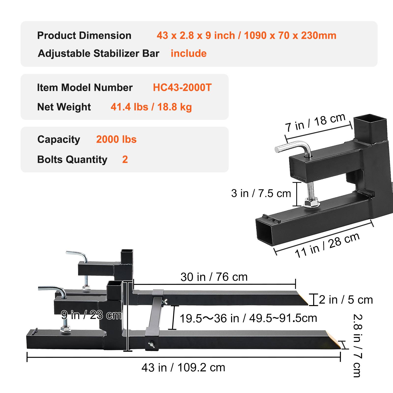 VEVOR Pinces sur fourches palette, charge 907 kg, longueur 109 cm. Pour tracteur, godet. - Image 7