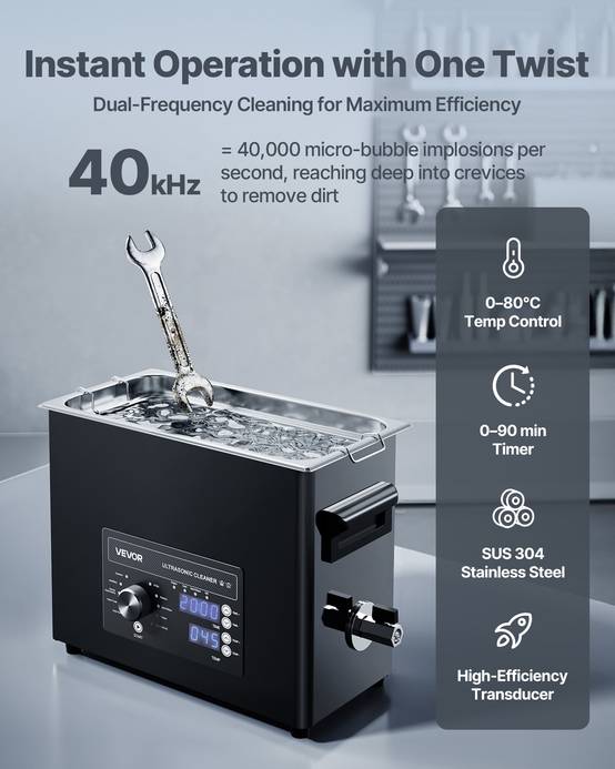 Vevor - VEVOR Nettoyeur à ultrasons 6 L, inox 304, 40 kHz, 3 transducteurs, panier et boule de nettoyage, minuterie et température réglables. - Image 2