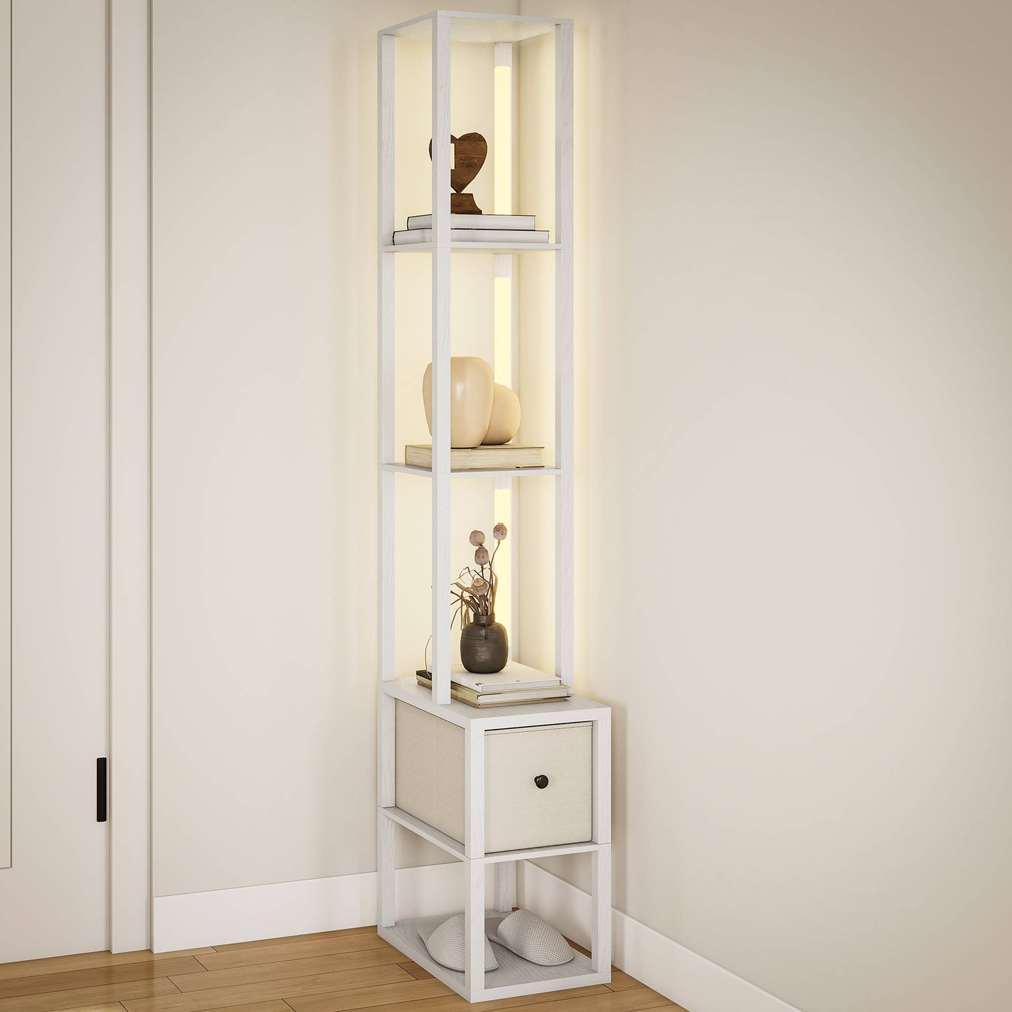 Lampadaire blanc moderne à étagères ouvertes tiroir tissu interrupteur au pied salon et chambre - Image 1