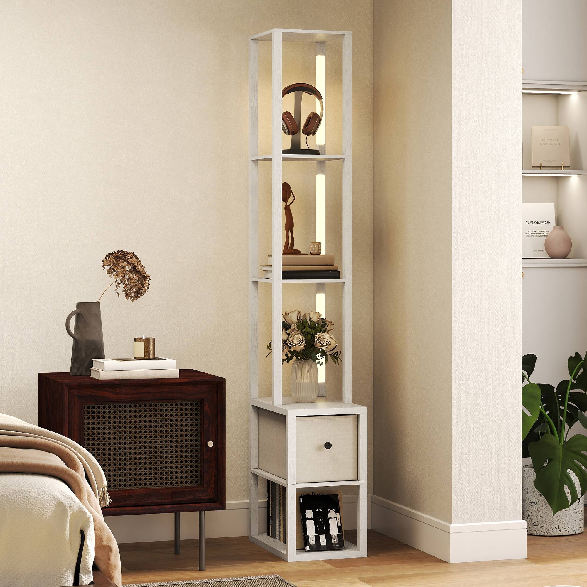 Lampadaire blanc moderne à étagères ouvertes tiroir tissu interrupteur au pied salon et chambre - Image 3