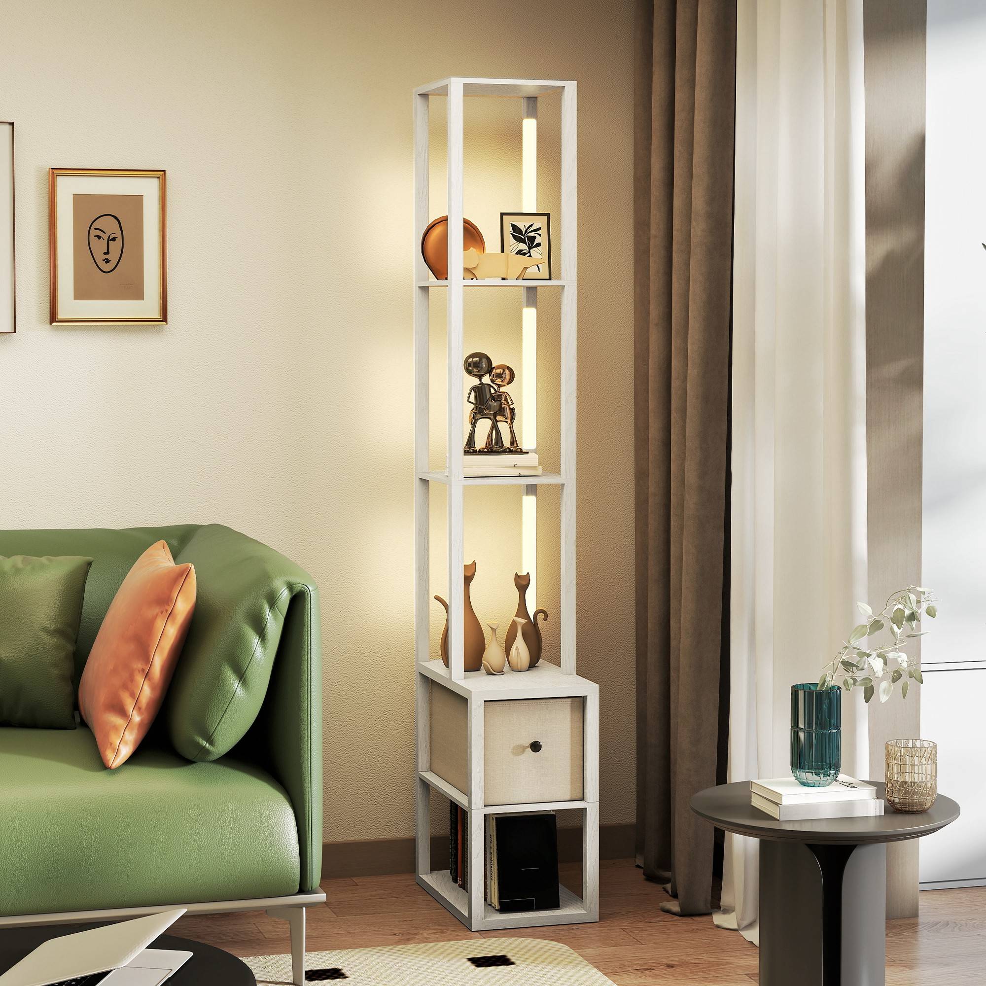 Lampadaire blanc moderne à étagères ouvertes tiroir tissu interrupteur au pied salon et chambre - Image 9