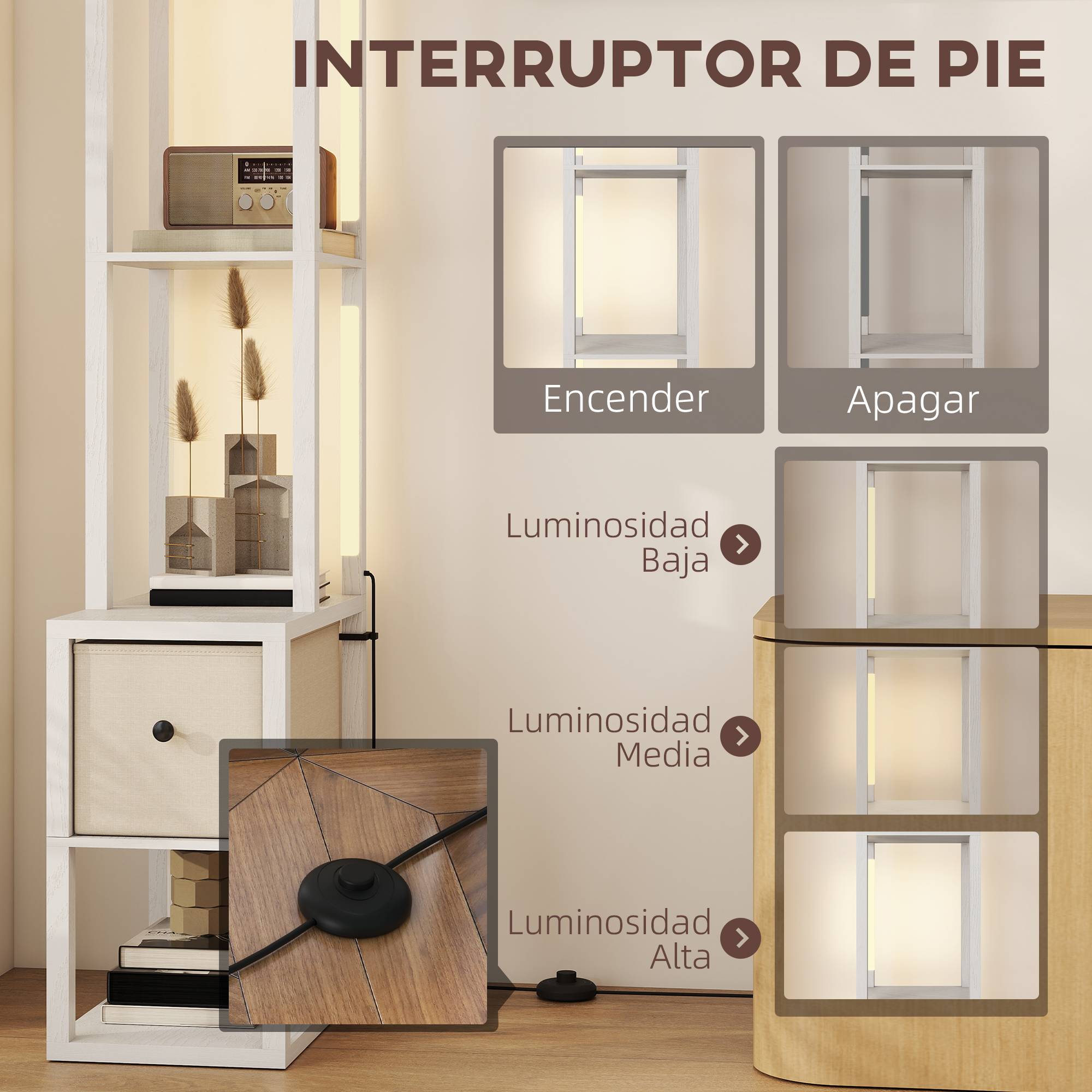 Lampadaire blanc moderne à étagères ouvertes tiroir tissu interrupteur au pied salon et chambre - Image 8
