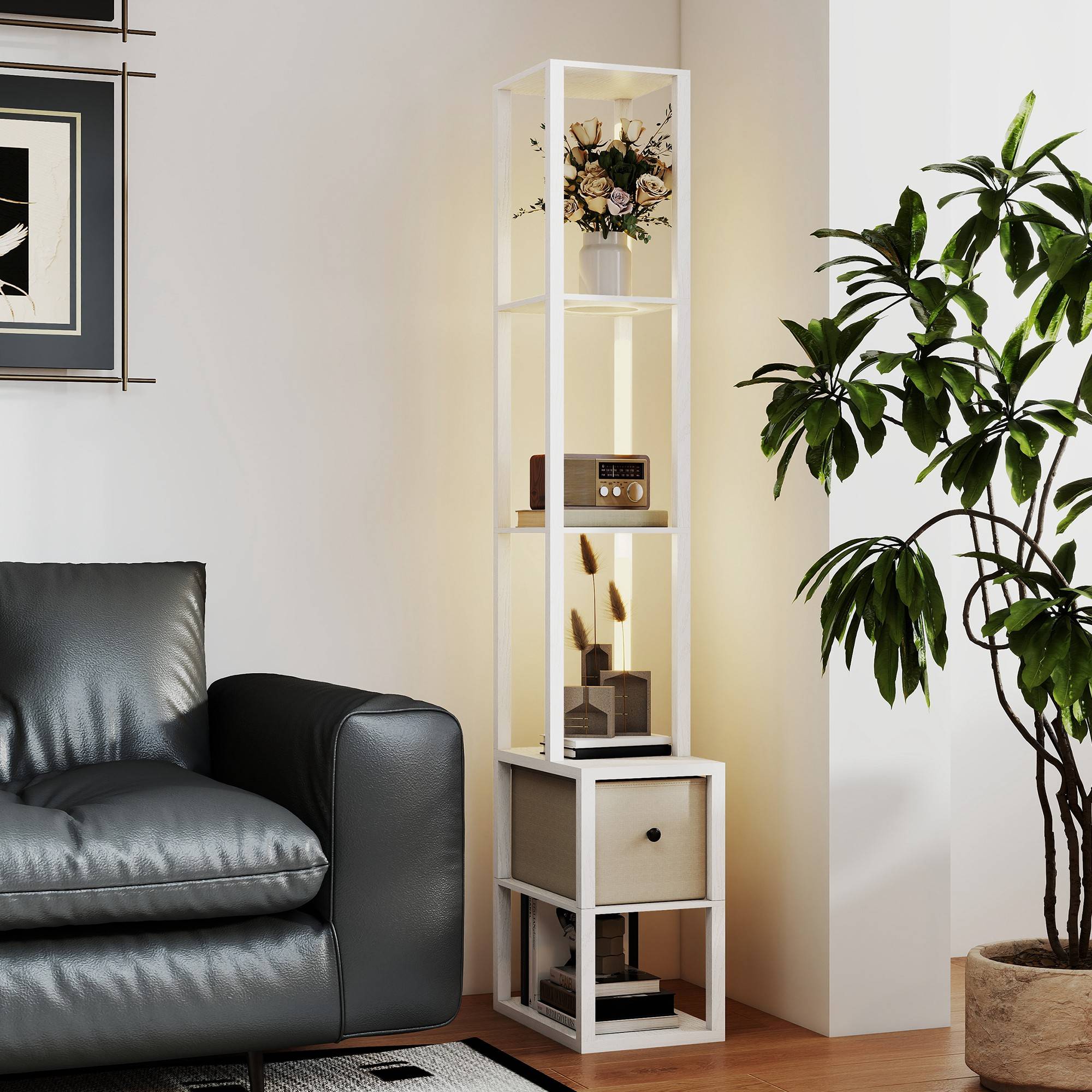 Lampadaire blanc moderne à étagères ouvertes tiroir tissu interrupteur au pied salon et chambre - Image 10