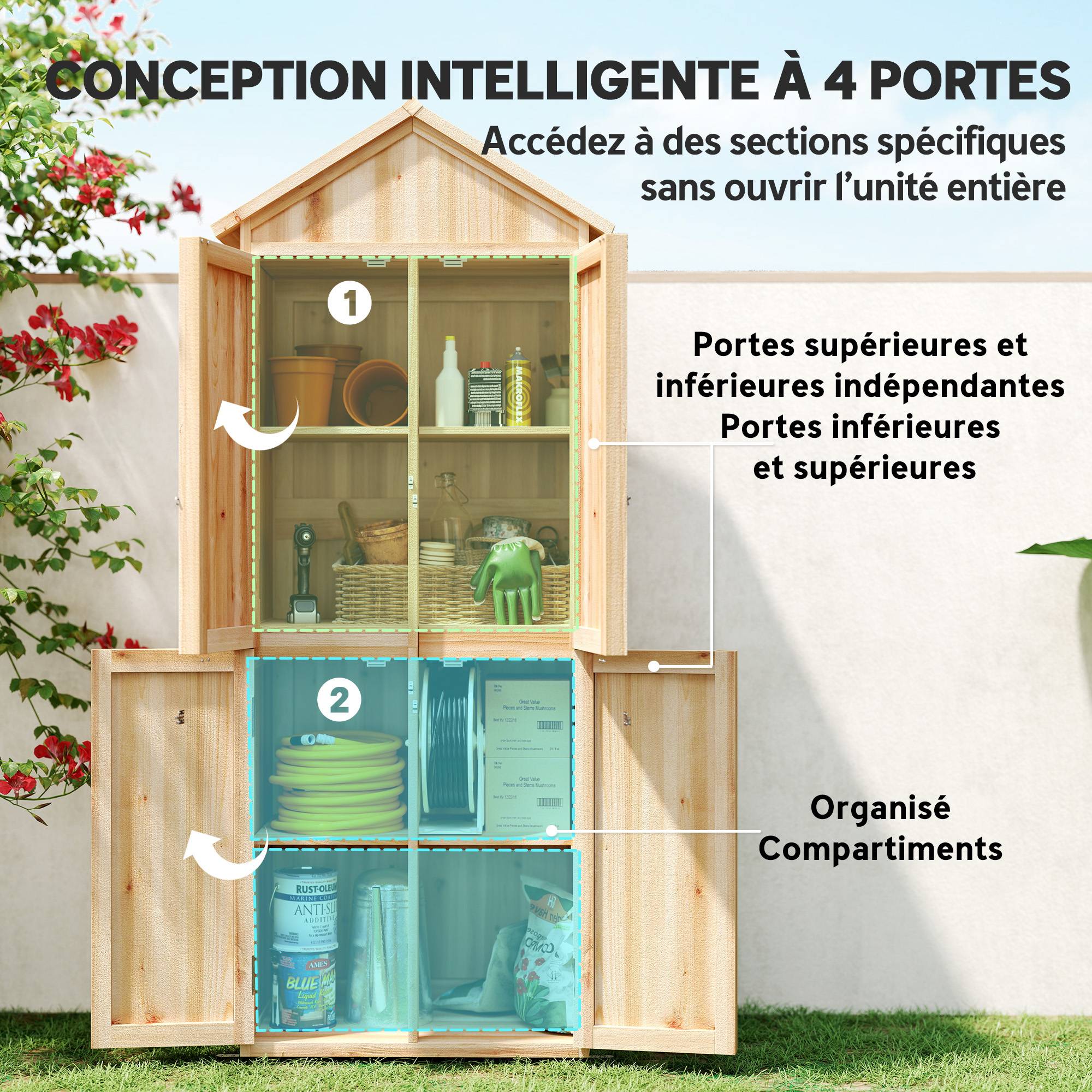 Armoire de jardin bois extérieur 4 portes toit asphalte 82x50x190cm naturel - ComfortXL Outdoor Living - Image 9