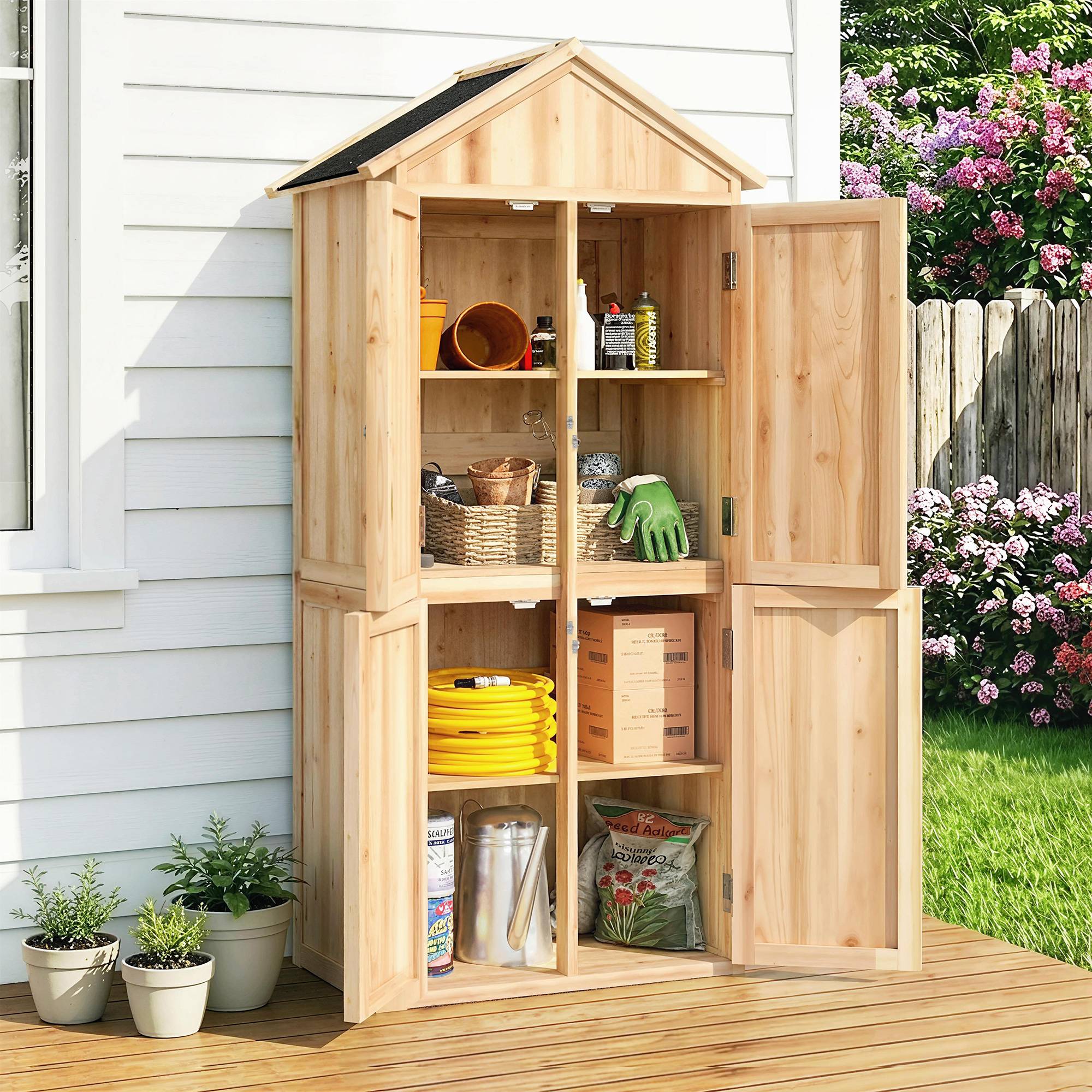 Armoire de jardin bois extérieur 4 portes toit asphalte 82x50x190cm naturel - ComfortXL Outdoor Living - Image 3