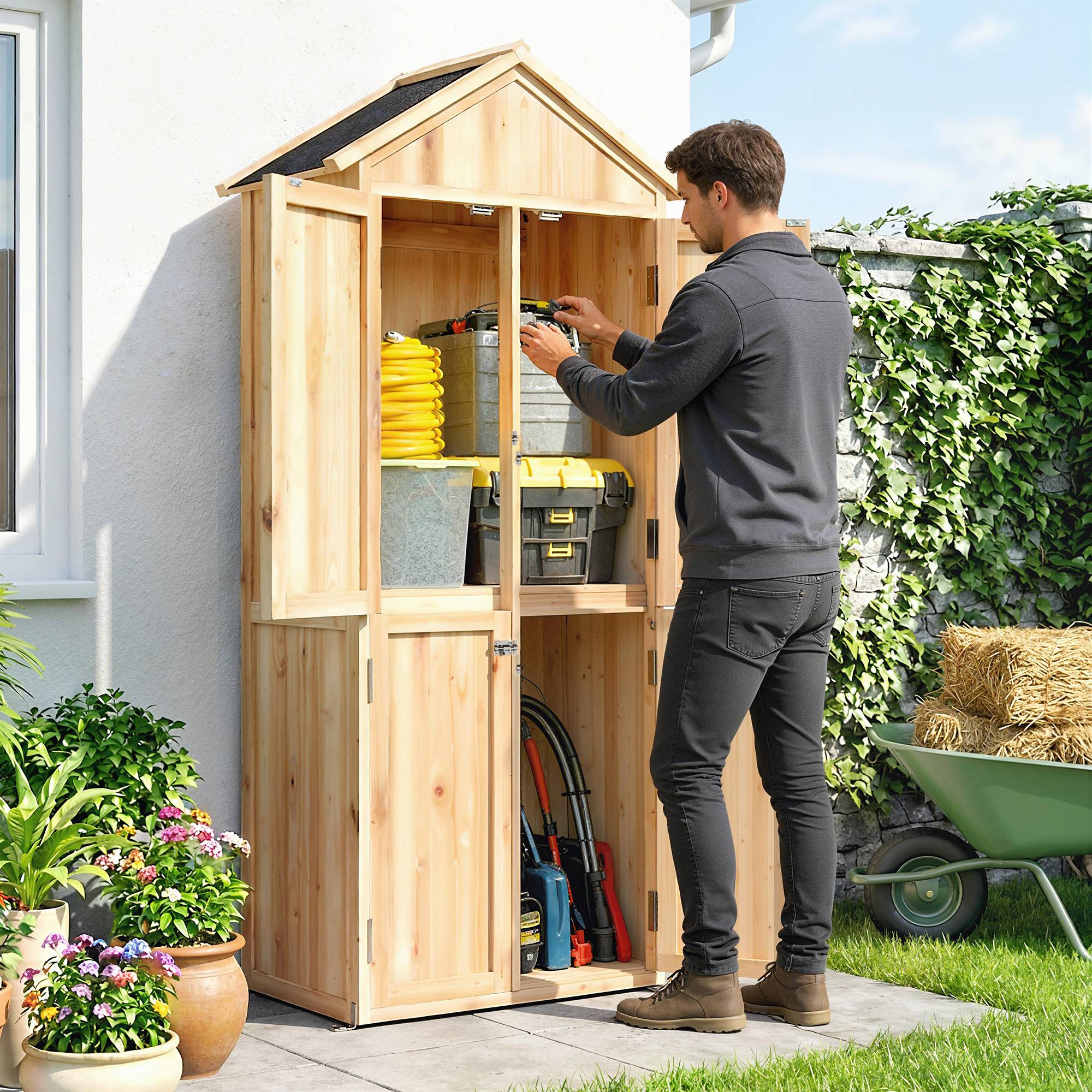Armoire de jardin bois extérieur 4 portes toit asphalte 82x50x190cm naturel - ComfortXL Outdoor Living - Image 4