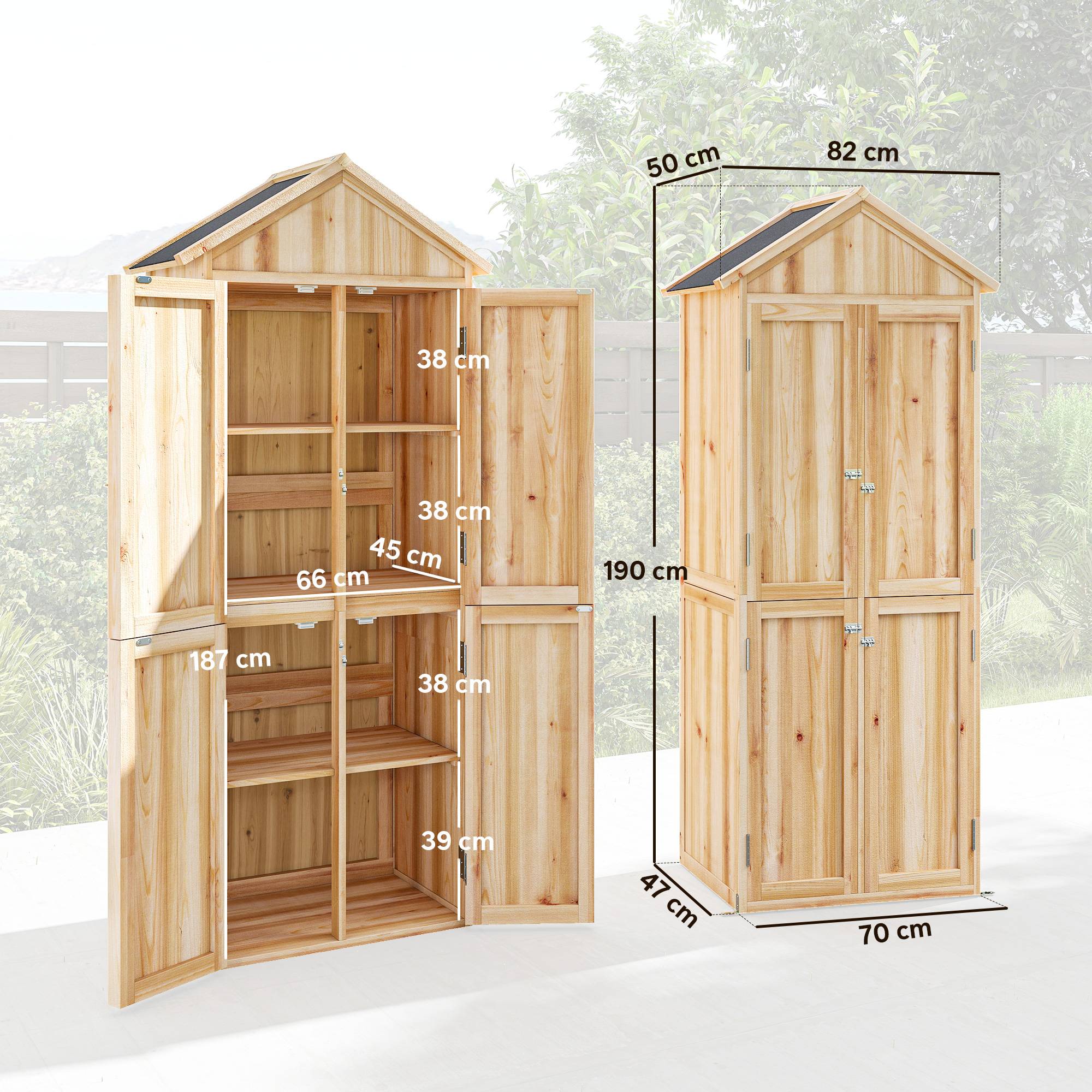 Armoire de jardin bois extérieur 4 portes toit asphalte 82x50x190cm naturel - ComfortXL Outdoor Living - Image 5