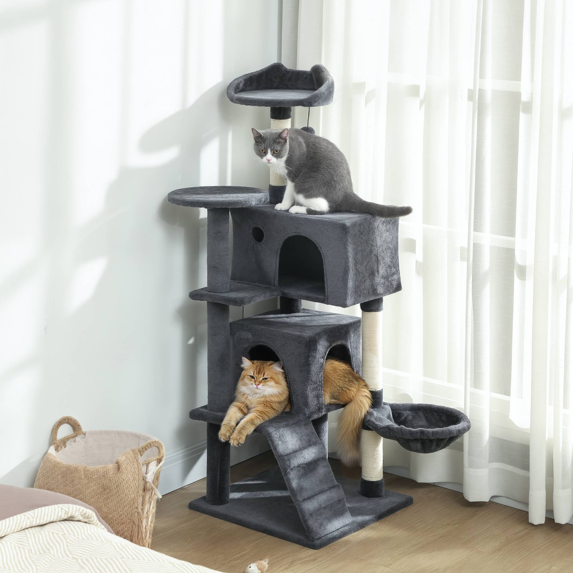 Sans Marque - Arbre à chat de 140 cm de haut avec 2 niches, un couchage et un hamac pour 2 à 3 chats, revêtement peluche, gris - Image 2