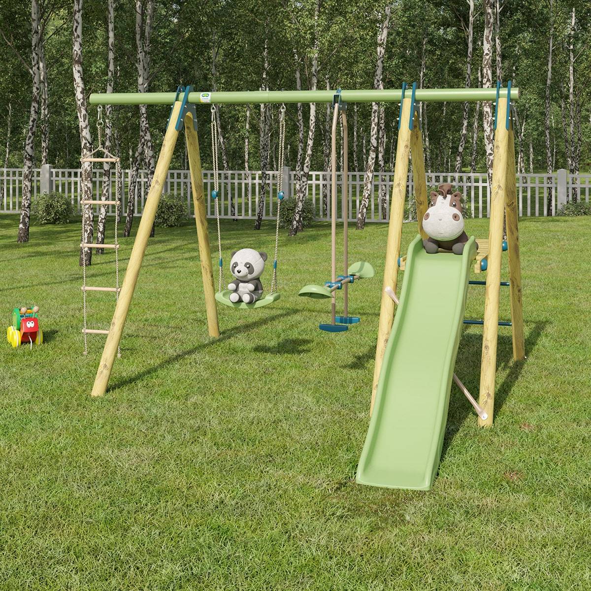 Trigano Jardin - Station de jeux bois poutre métal 1,90 m, 5 enfants, Techwood Premium OREKA 2 - Image 9