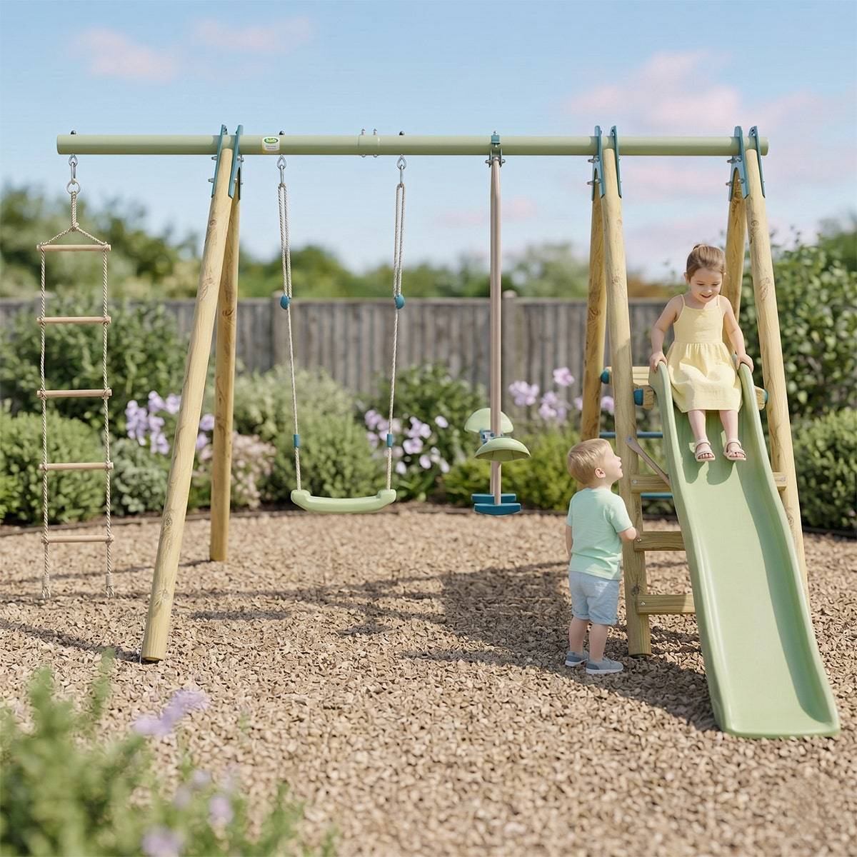 Trigano Jardin - Station de jeux bois poutre métal 1,90 m, 5 enfants, Techwood Premium OREKA 2 - Image 2