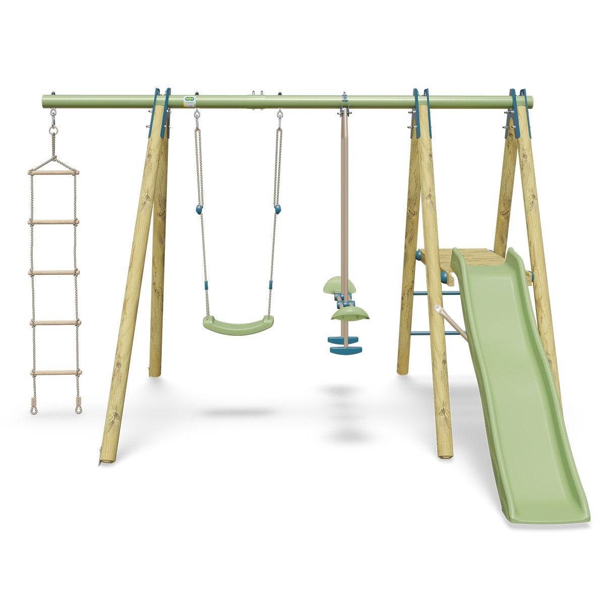 Trigano Jardin - Station de jeux bois poutre métal 1,90 m, 5 enfants, Techwood Premium OREKA 2 - Image 1