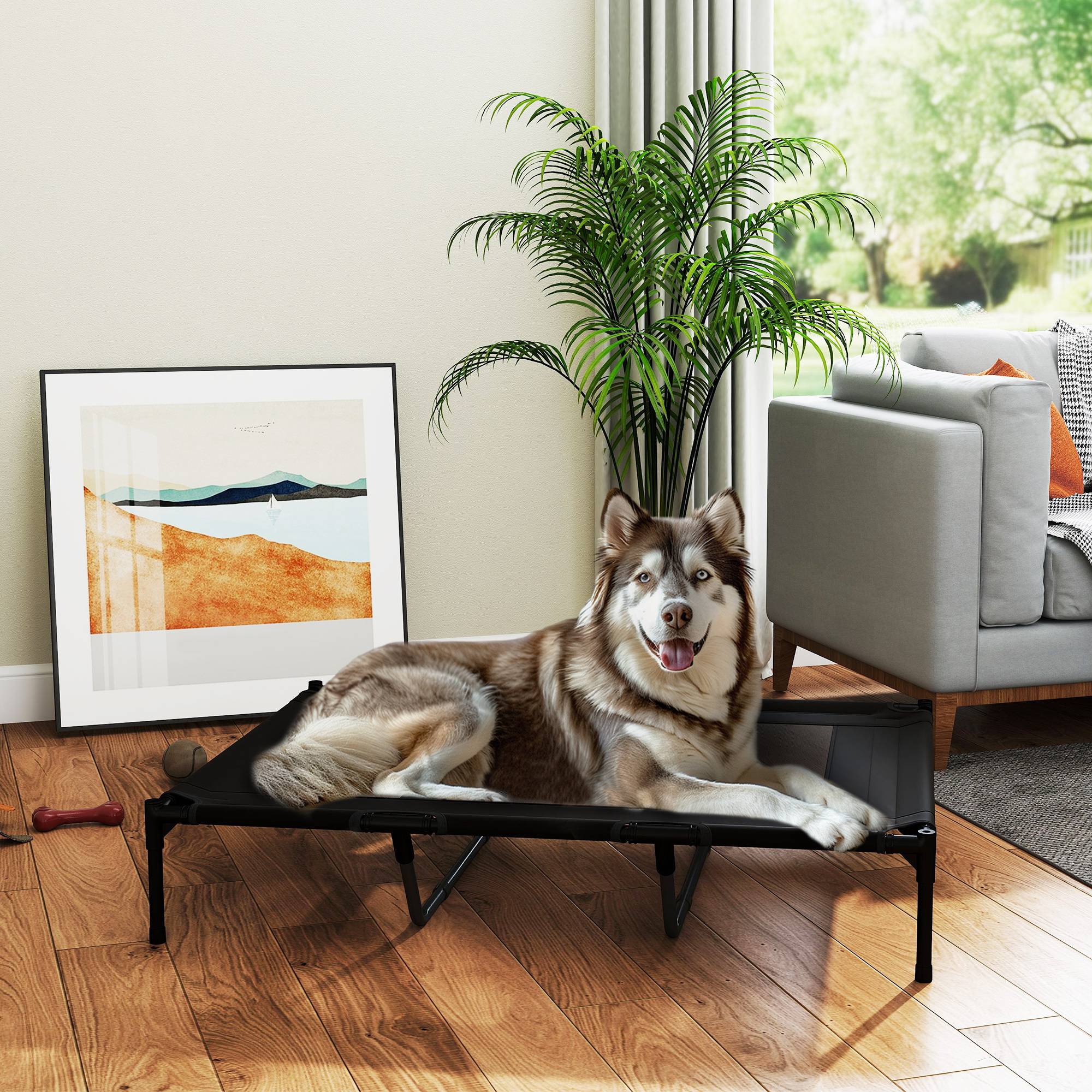 ComfortXL - Lit surélevé pour grand chien en acier et tissu Oxford 122 x 92 x 23 cm noir avec sac de transport pour camping - Image 1