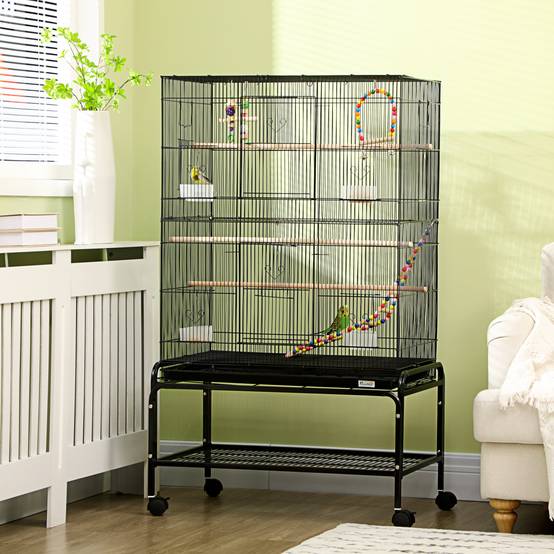 Sans Marque - Volière à oiseaux sur roulettes 79 x 49 x 133 cm en métal avec 4 mangeoires, 3 perchoirs et jouets pour perruches, noire - Image 4