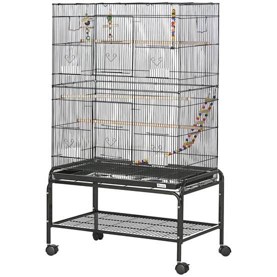 Sans Marque - Volière à oiseaux sur roulettes 79 x 49 x 133 cm en métal avec 4 mangeoires, 3 perchoirs et jouets pour perruches, noire - Image 2