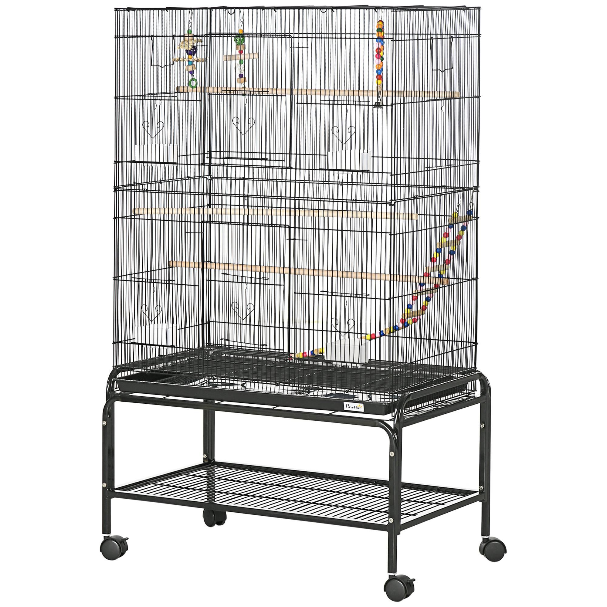Sans Marque - Volière à oiseaux sur roulettes 79 x 49 x 133 cm en métal avec 4 mangeoires, 3 perchoirs et jouets pour perruches, noire - Image 2